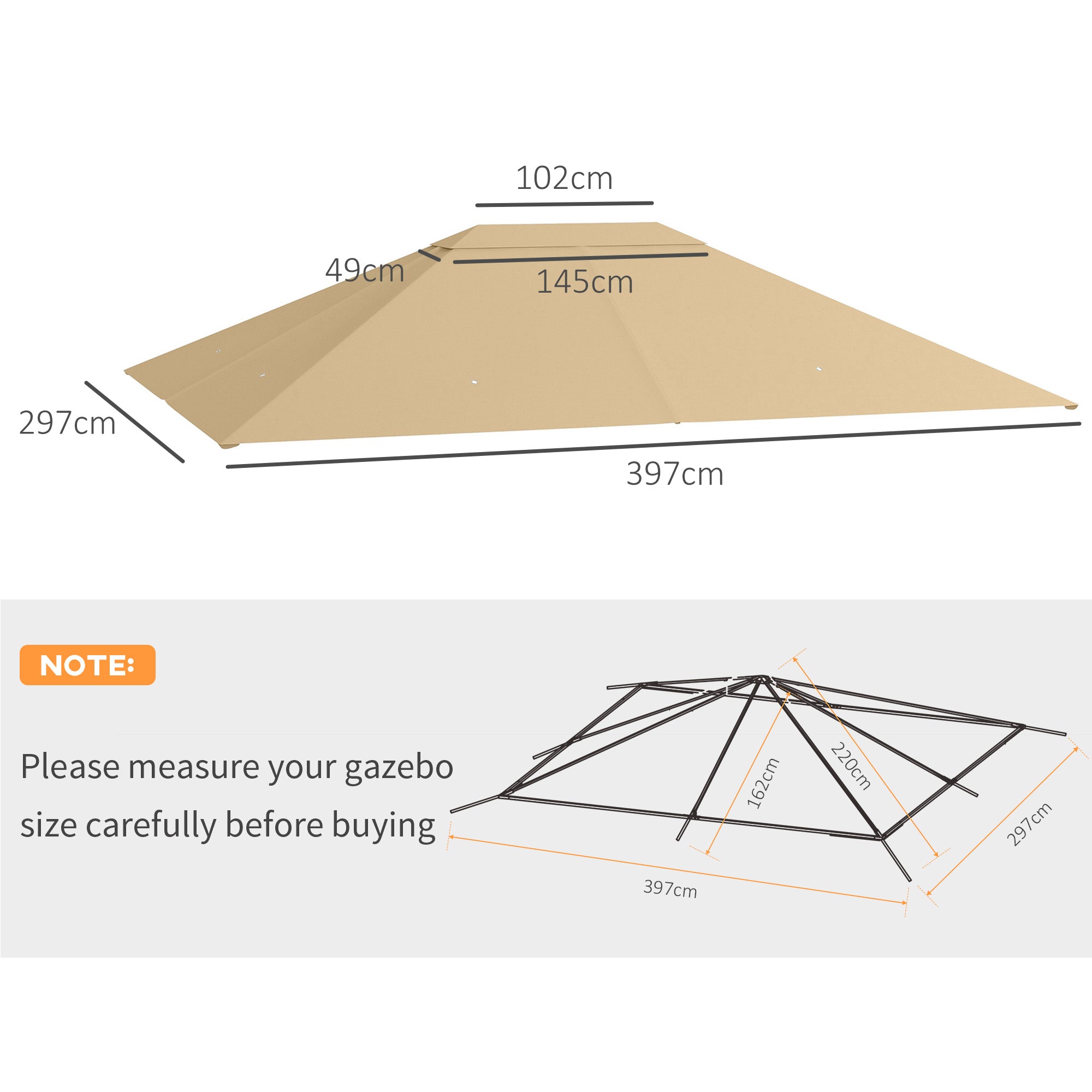 Outsunny 3 x 4m Gazebo Canopy Replacement Cover, Gazebo Roof Replacement (TOP COVER ONLY), Khaki - North Peak Garden Furniture