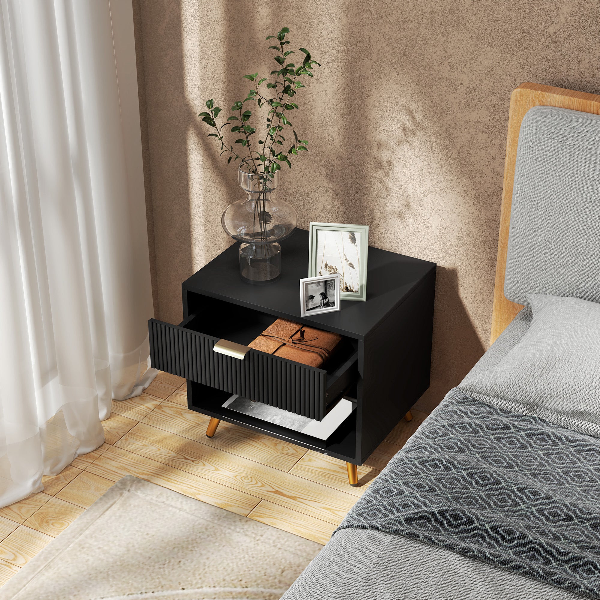 HOMCOM Elegant Bedside Table, with Drawer and Shelf - Black/Gold Tone - North Peak Garden Furniture