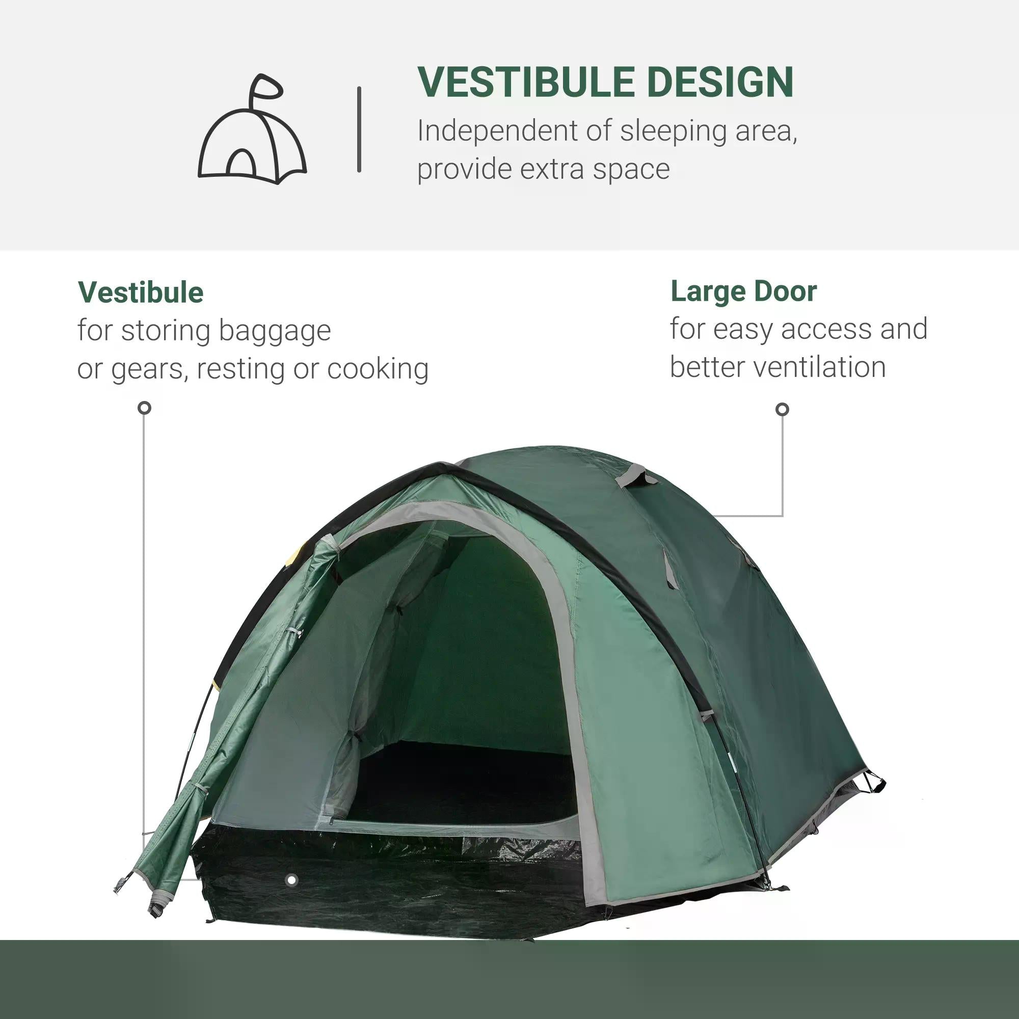 Outsunny Camping Dome Tent 2 Room for 3-4 Person with Weatherproof Vestibule Backpacking Tent Large Windows Lightweight for Fishing & Hiking Green