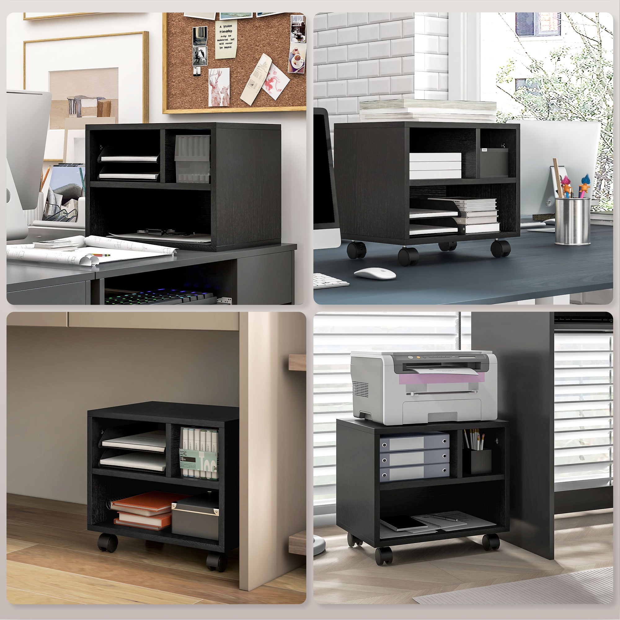 HOMCOM Three-Compartment Printer Cabinet, with Wheels - Black - North Peak Garden Furniture