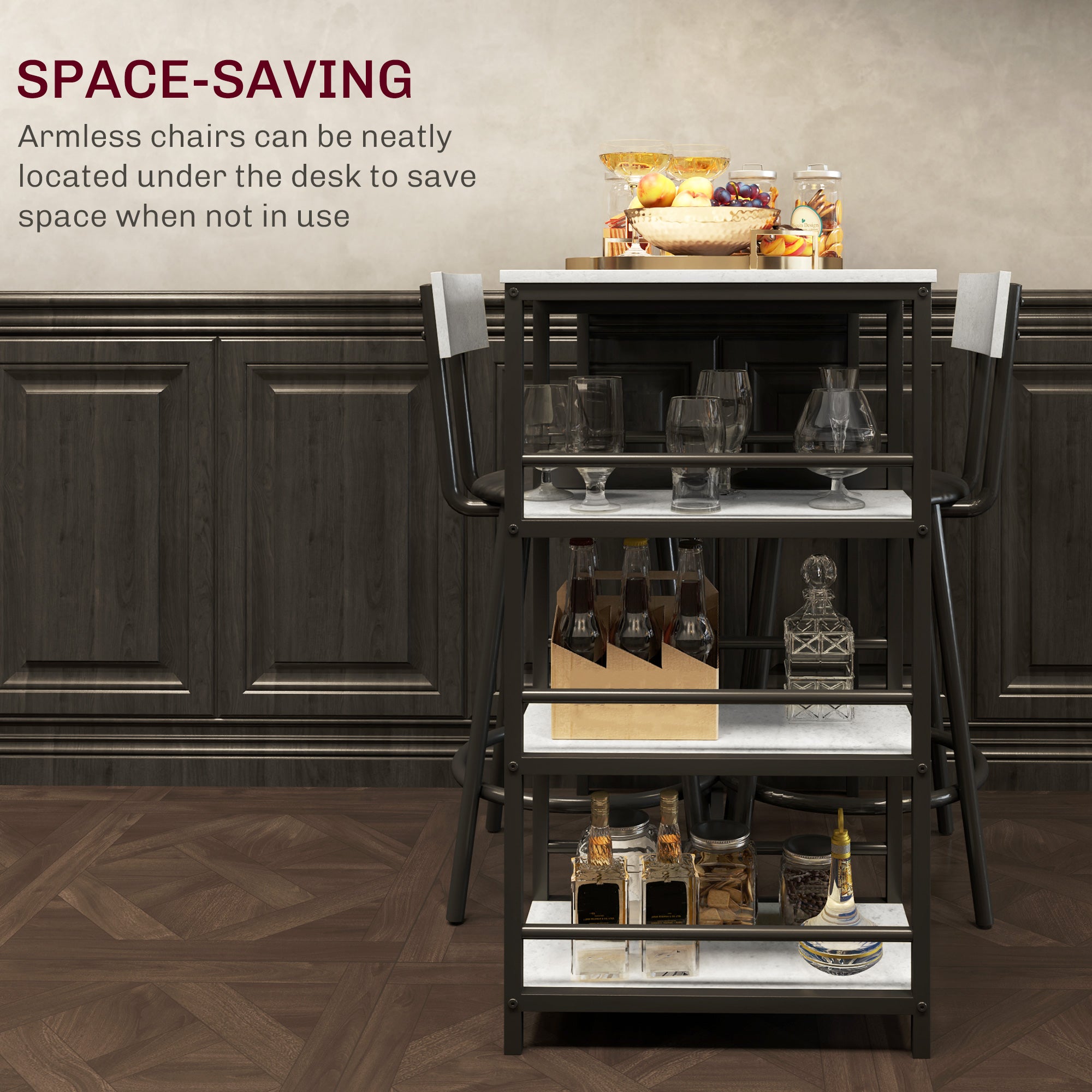 HOMCOM Three-Piece Kitchen Dining Set, with Shelves - Grey/Black - North Peak Garden Furniture