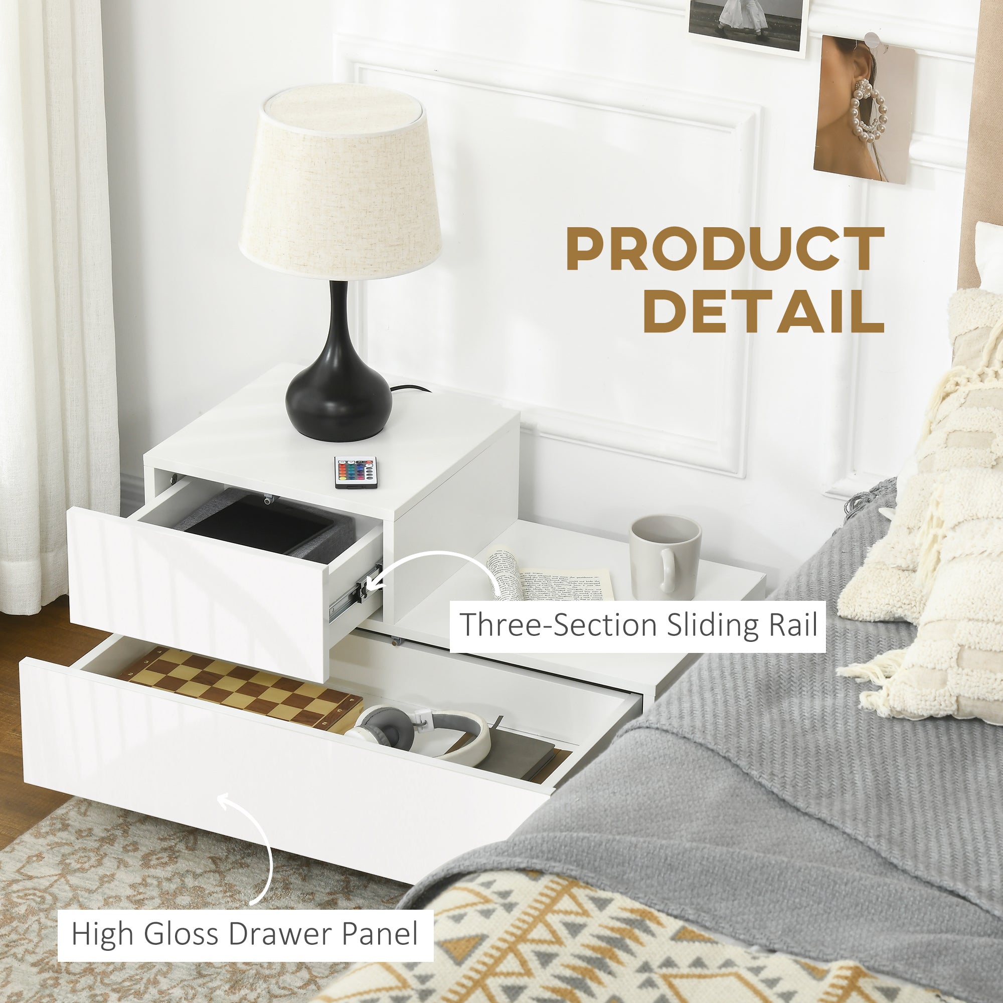 HOMCOM High Gloss Front Bedside Table with Drawers Nightstand with RGB LED Light and Remote for Bedroom Living Room White - North Peak Garden Furniture