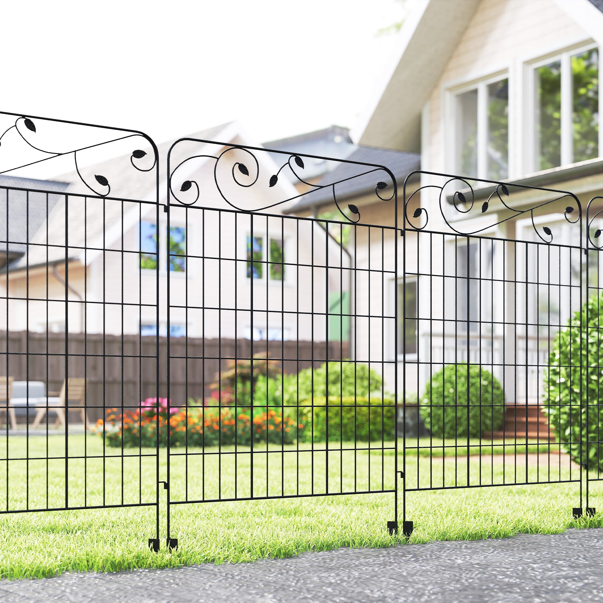 Outsunny Decorative Garden Fencing, 4PCs 43in x 11.5ft Outdoor Picket Fence Panels, Rustproof Metal Wire Landscape Flower Bed Border Edging Animal Barrier, Black