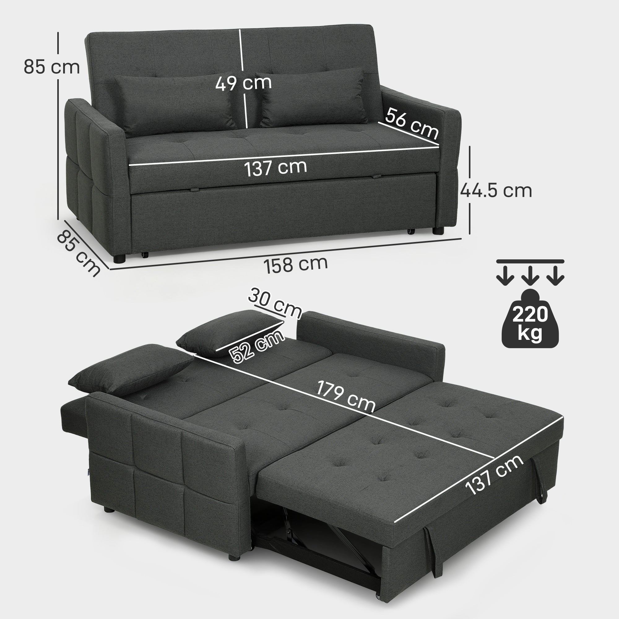 HOMCOM Three-Way Two-Seater Sofa Bed - Charcoal Grey