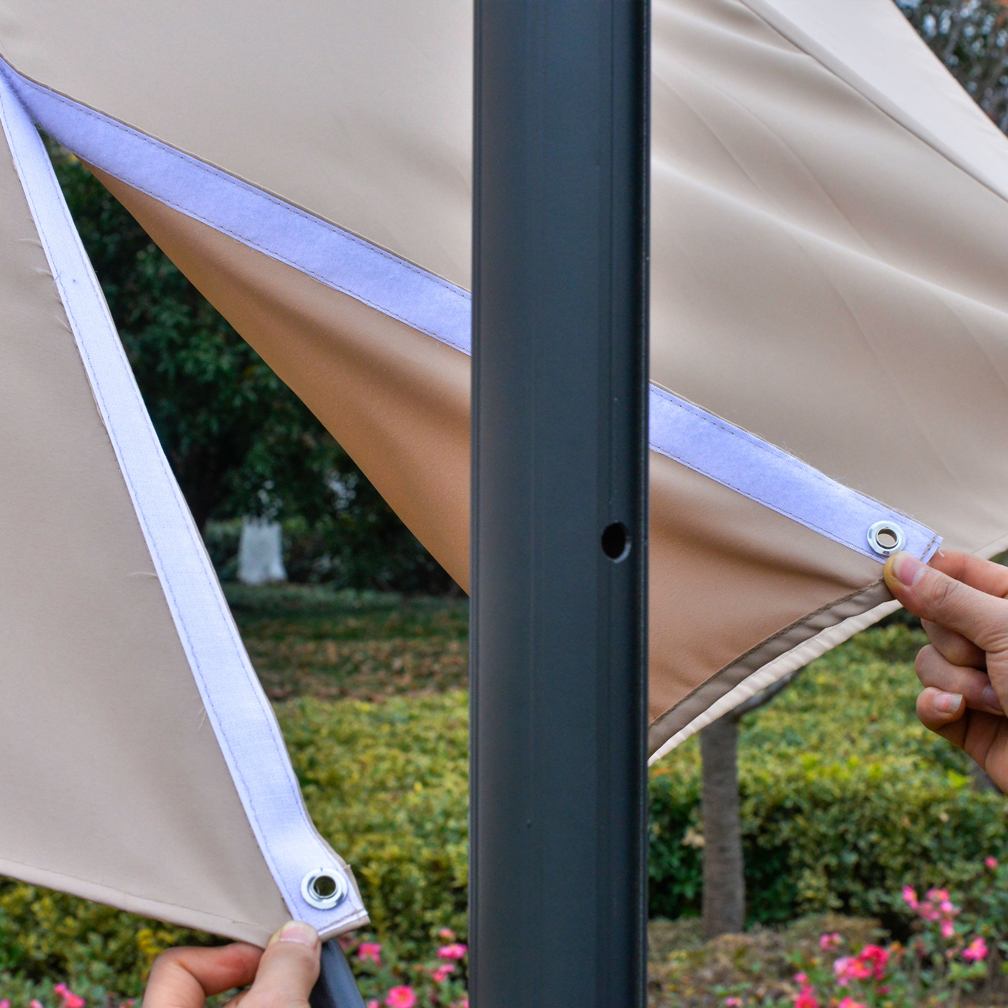 Outsunny 3(m) LED Cantilever Parasol Outdoor Sun Umbrella w/ Base Solar Lights Brown - North Peak Garden Furniture