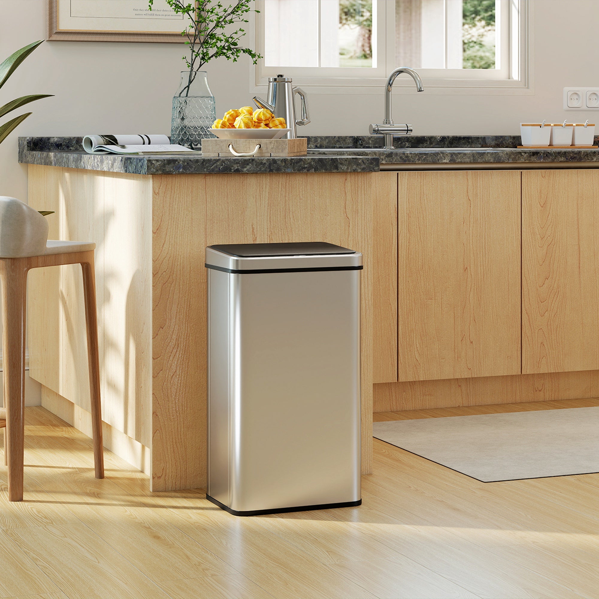 HOMCOM 50L Sensor Bin with Quiet Soft-Close Lid, Automatic Touchless Motion Sensor Kitchen Bin with Fingerprint Resistant Stainless Steel for Hygienic Gyms, Home Office Use, Silver Tone