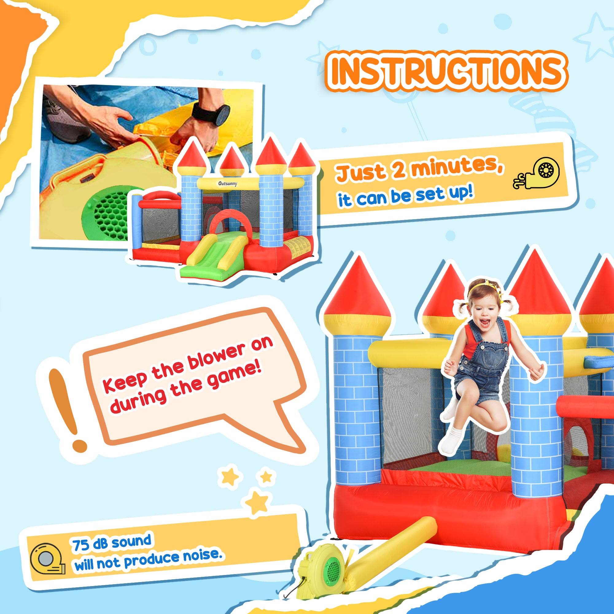 Outsunny Kids Bounce Castle Inflatable Trampoline Slide Pool Basket for Kids Age 3-10, 3 x 2.75 x 2.1m - North Peak Garden Furniture