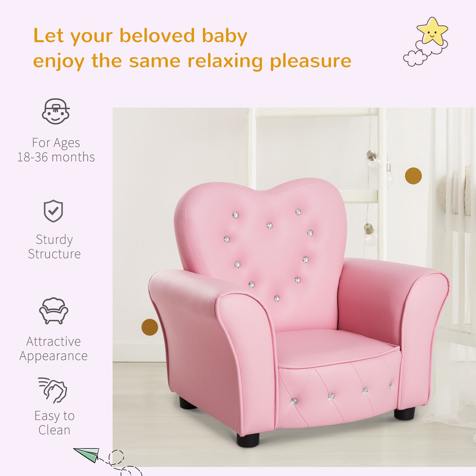 HOMCOM Kids Armchair Toddler Chair Seating Relax Playroom Seater Girl Princess Pink - North Peak Garden Furniture