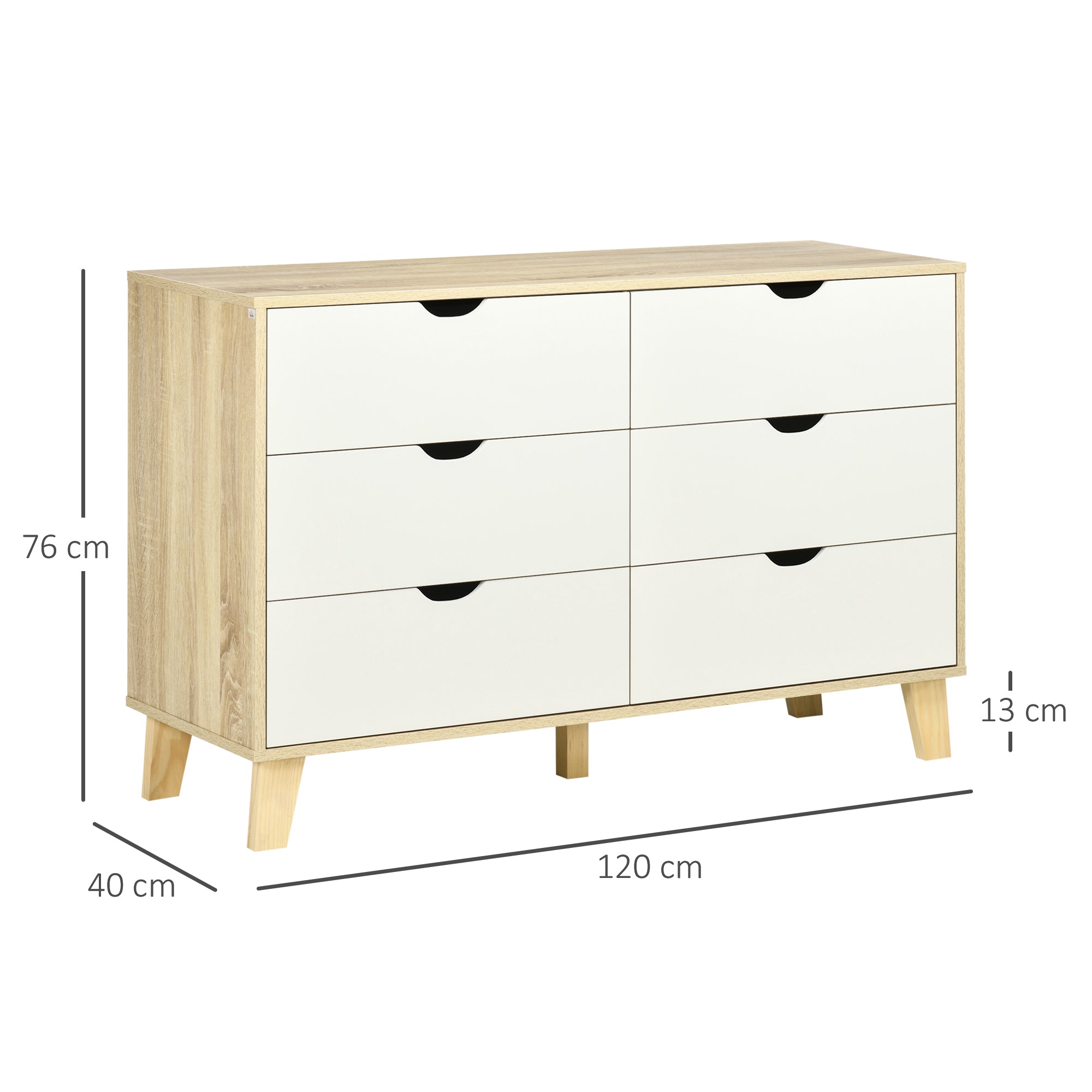 HOMCOM Bedroom Chest of Drawers, Wide 6-Drawer Dresser, Storage Drawer Unit with Wood Legs for Living Room, White and Light Brown - North Peak Garden Furniture