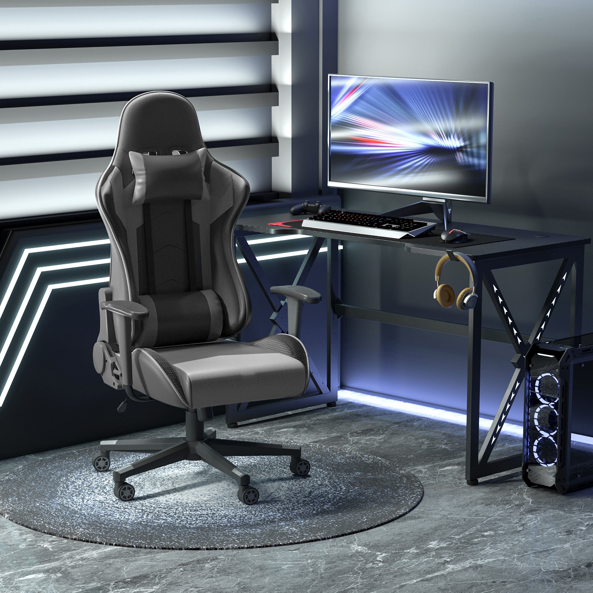 Vinsetto Gaming Chair, Computer Desk Chair, Racing Chair with Adjustable Height, Head Pillow and Lumbar Support for Adults, Black - North Peak Garden Furniture