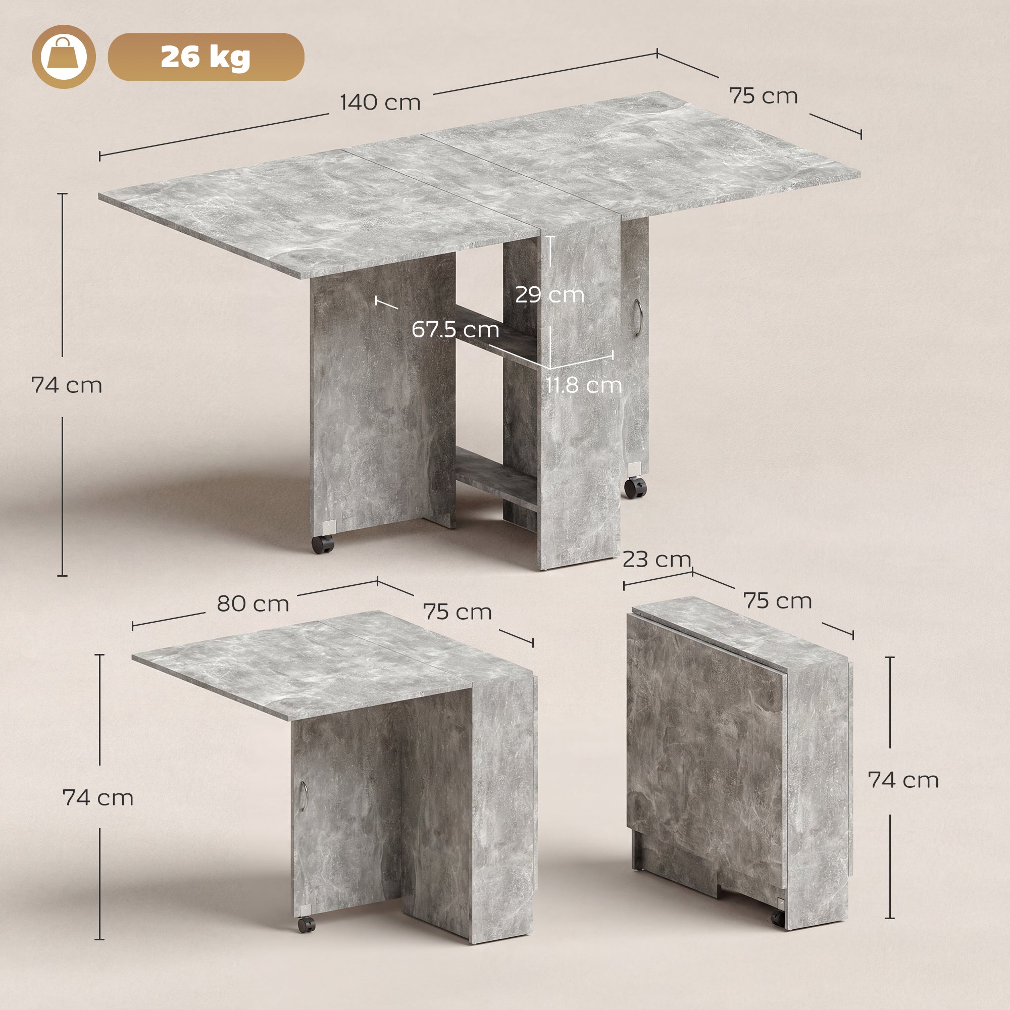 HOMCOM Folding Dining Table, Drop Leaf Table for Small Spaces with 2-tier Shelves, Small Kitchen Table with Rolling Casters, Cement Grey