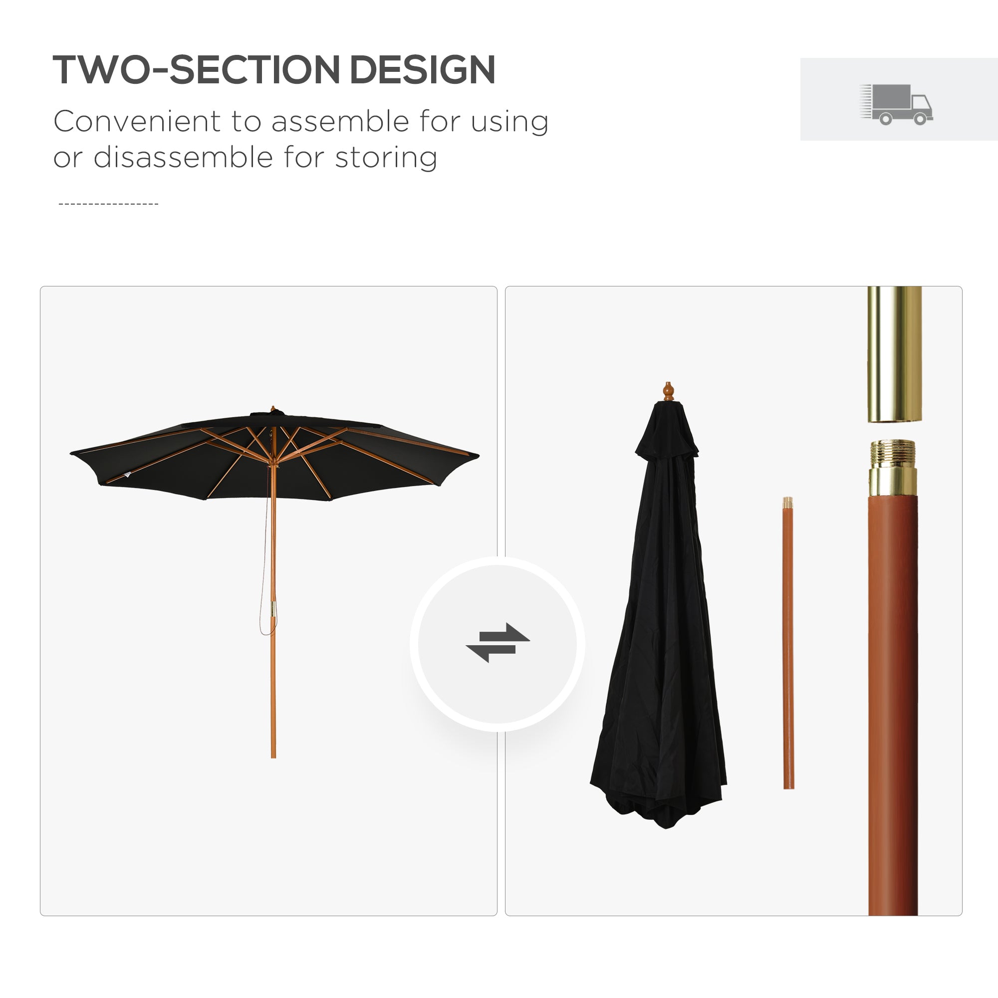 Outsunny 3(m) Garden Parasol, Pulley Operated Patio Umbrella, Wooden Table Market Umbrella with Rope Pulley Mechanism and 8 Ribs, Black - North Peak Garden Furniture