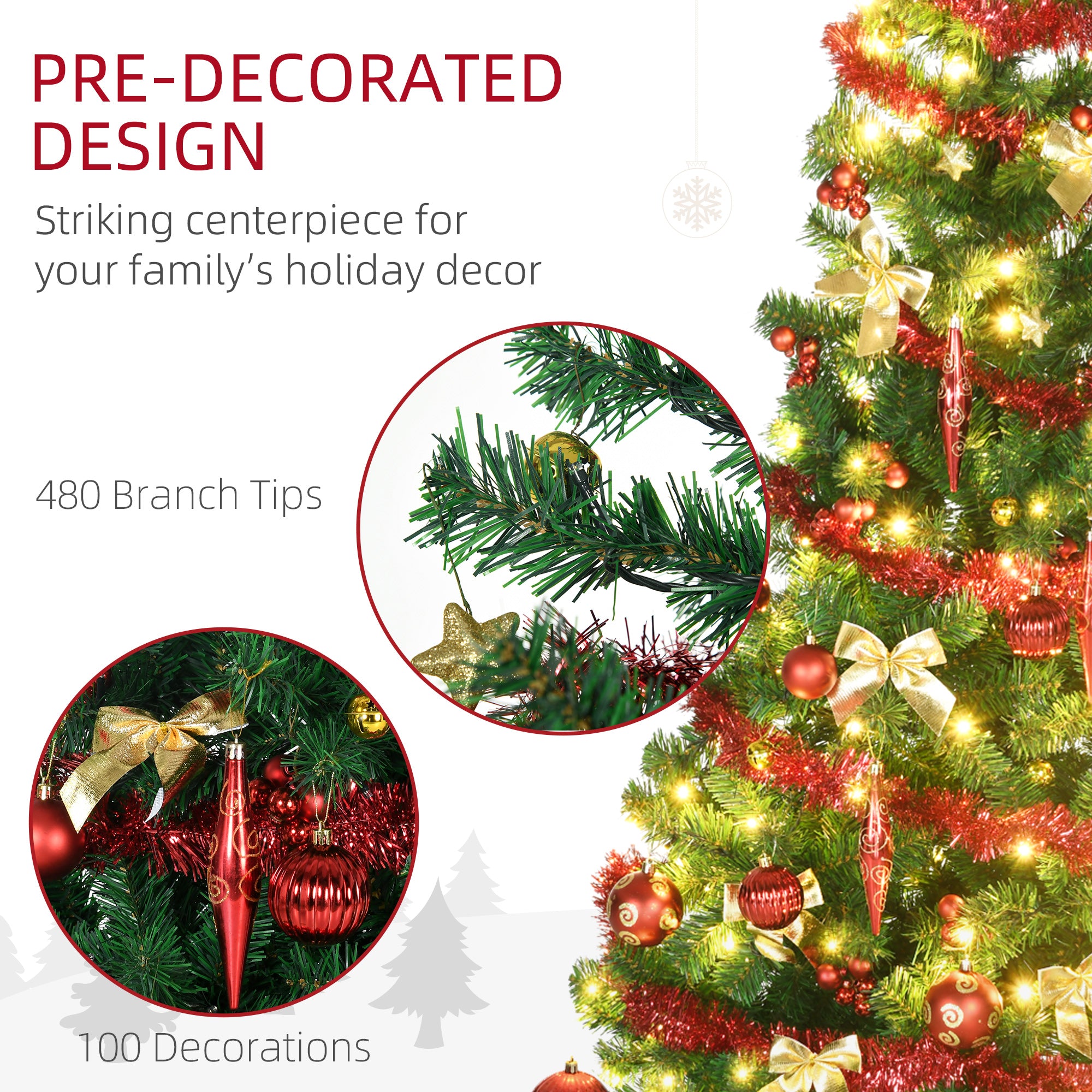 HOMCOM 6' Artificial Prelit Christmas Trees Holiday Décor with Warm White LED Lights, Auto Open, Tinsel, Ball, Star - North Peak Garden Furniture