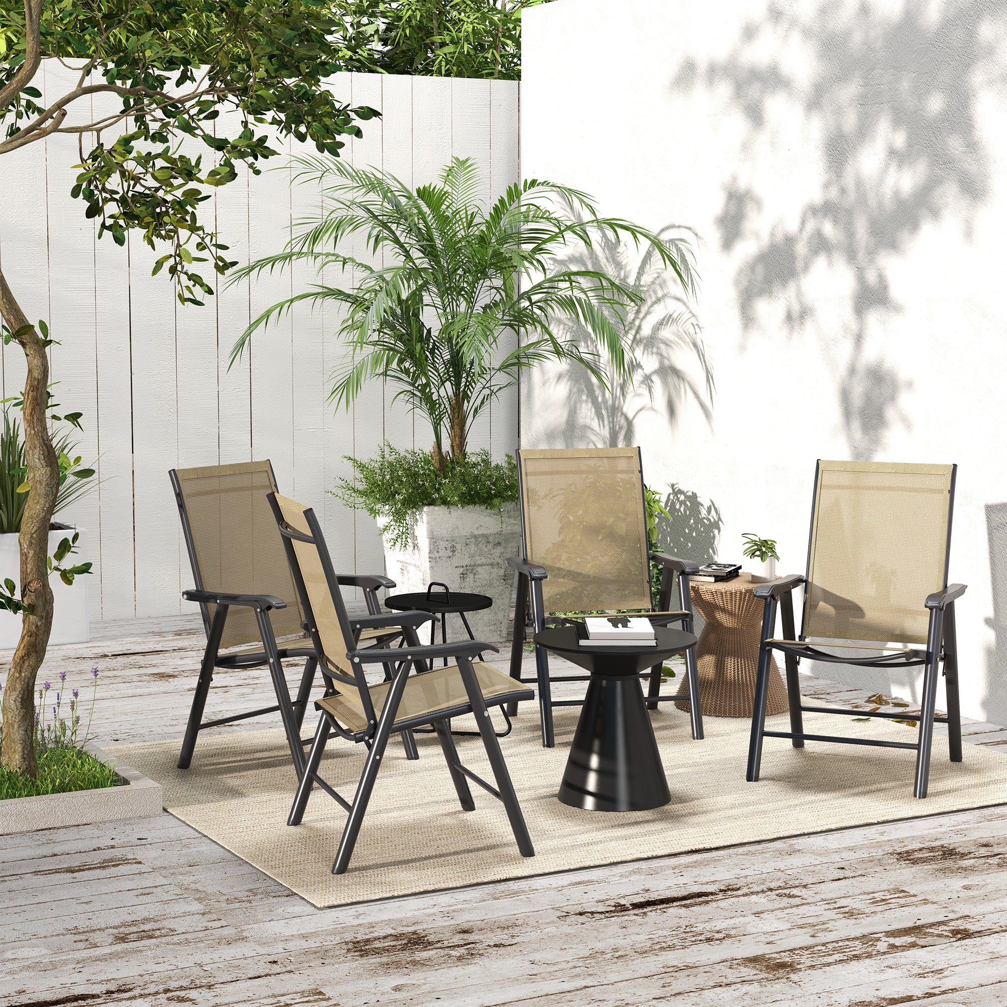 Outsunny Set of 4 Foldable Metal Garden Chairs Outdoor Patio Park Dining Seat Furniture Light Brown - North Peak Garden Furniture