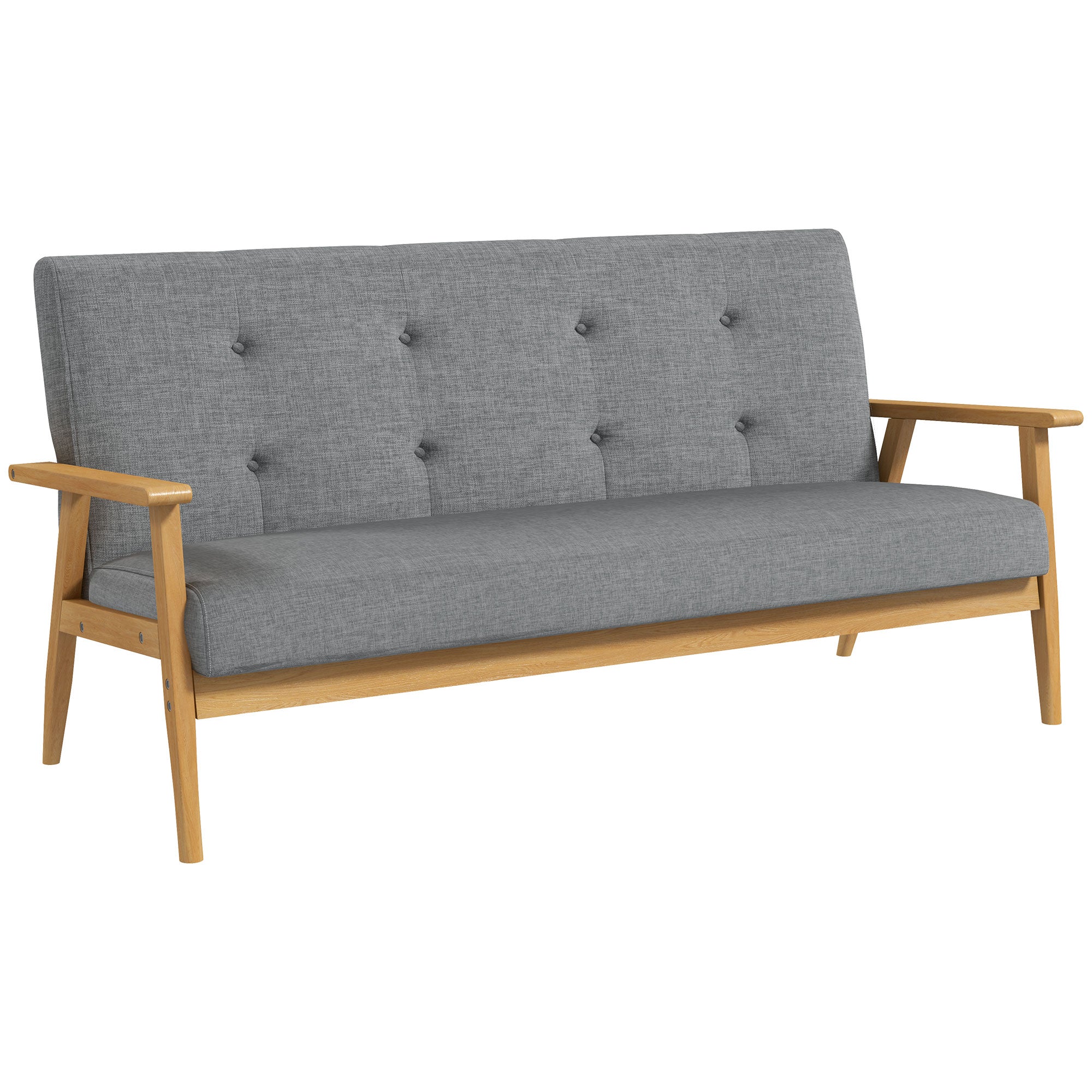 HOMCOM Modern 3 Seater Sofa Linen Fabric Upholstery Tufted Couch with Rubberwood Legs Dark Grey - North Peak Garden Furniture