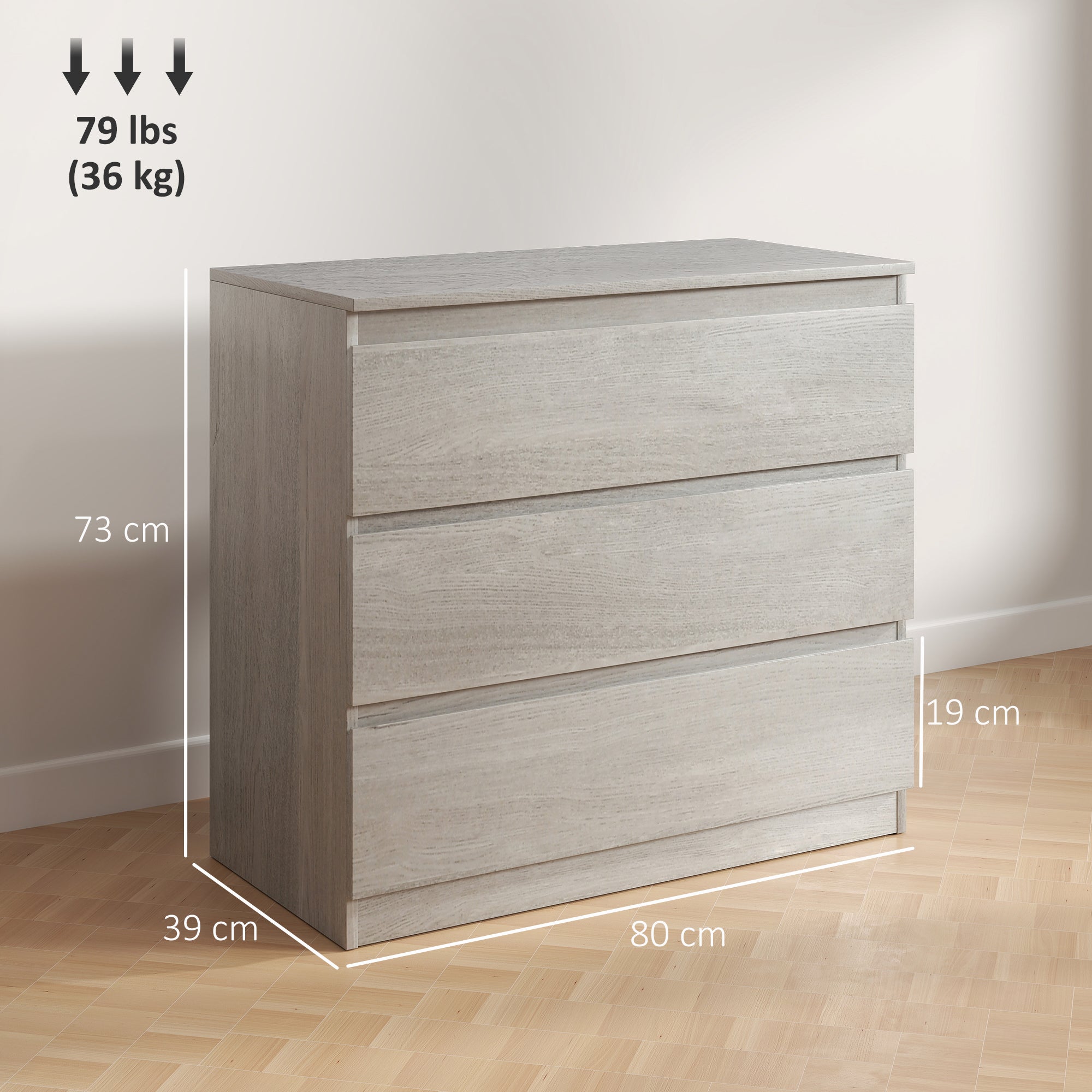 HOMCOM Chest of Three Drawers - Grey Wood Effect - North Peak Garden Furniture