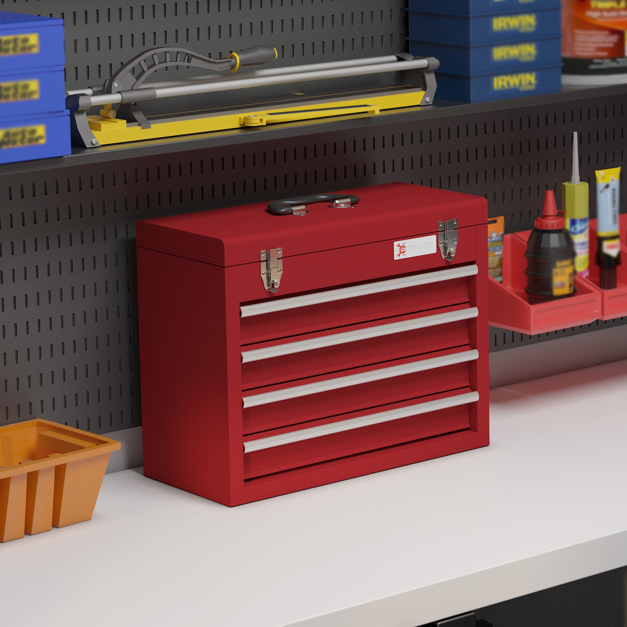 DURHAND Lockable Metal Tool Box, 4 Drawer Tool Chest with Latches, Handle, Ball Bearing Runners, Red - North Peak Garden Furniture
