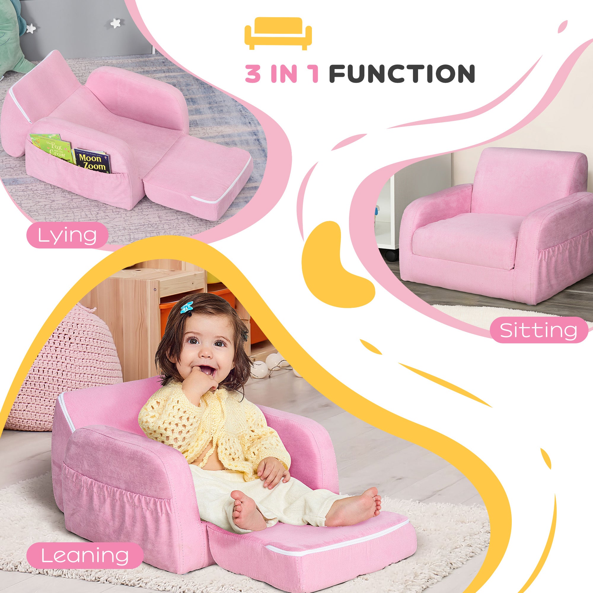 HOMCOM 2-in-1 Kids Armchair, Toddler Sofa Bed, with Wood Frame, for Bedroom, Playroom - Pink - North Peak Garden Furniture