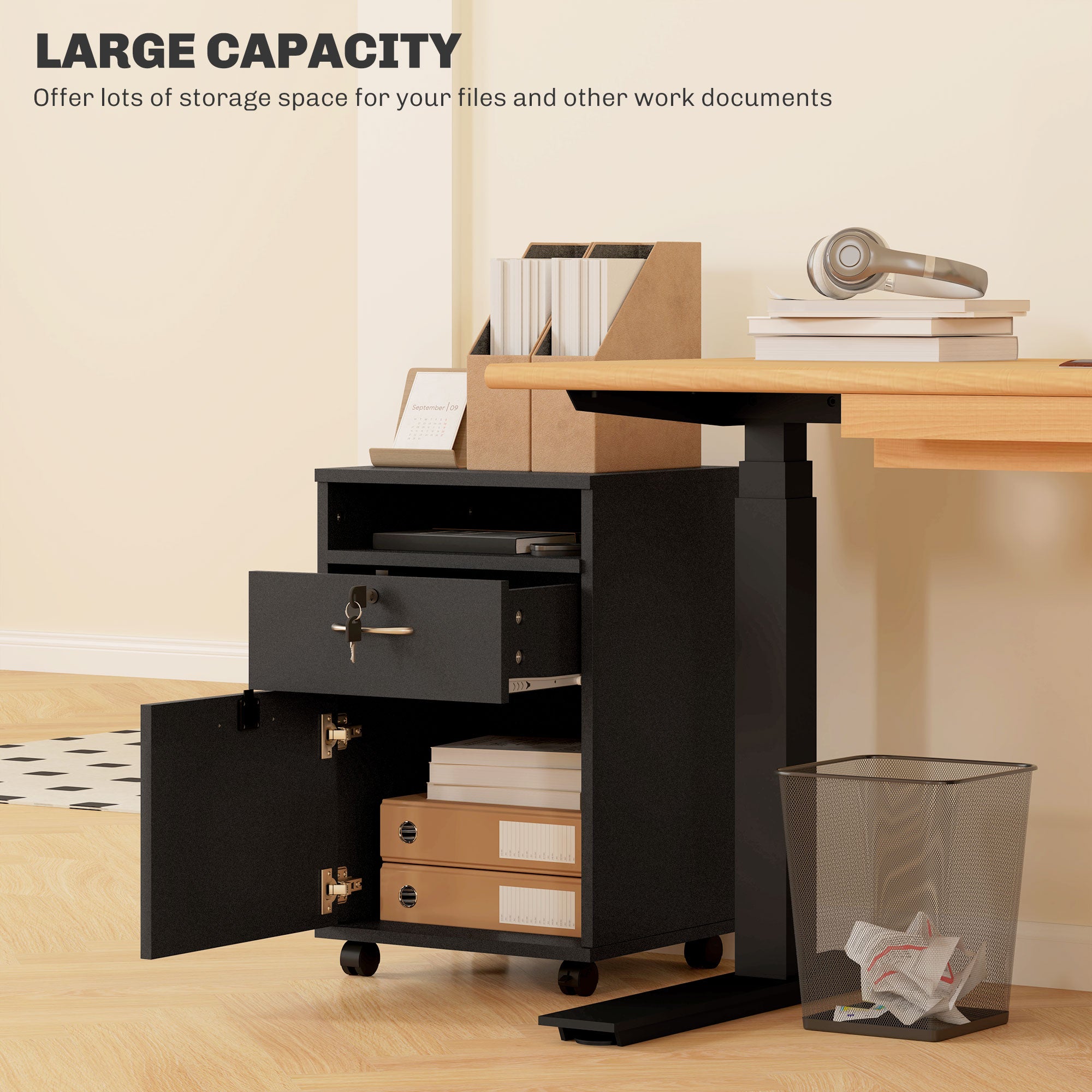 HOMCOM 60cm Filing Cabinet with Drawer, Open Shelf, Metal Handles and 4 Wheels, Office Home Organiser Mobile Printer with Two Locks, Black - North Peak Garden Furniture
