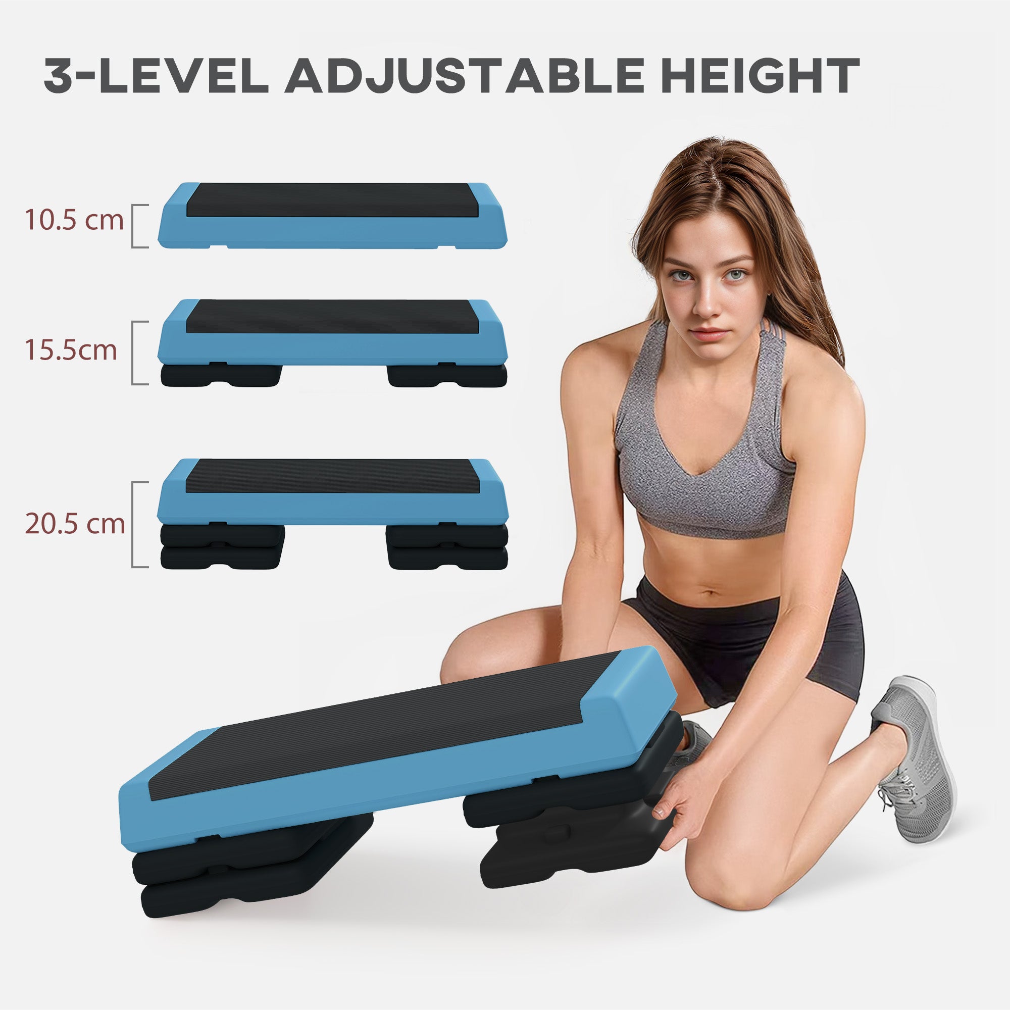 SPORTNOW Fitness Stepper, 3-Height Adjustable Aerobic Step, Non-Slip Exercise Step Board for Home Gym Office Workout, 10.5cm, 15.5cm, 20.5cm, Sky Blue - North Peak Garden Furniture