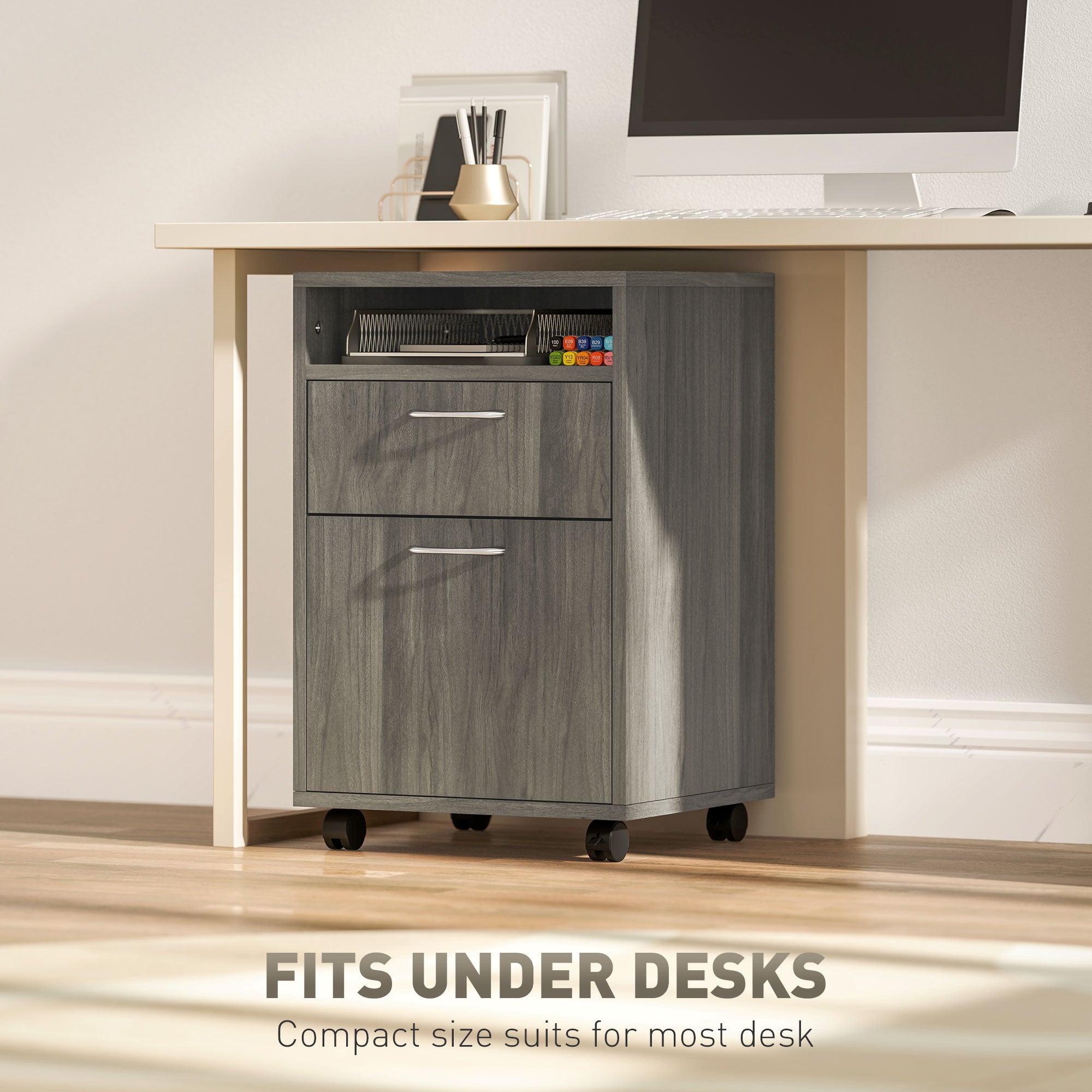 HOMCOM 60cm Filing Cabinet with Drawer, Open Shelf, Metal Handles and 4 Wheels, Office Home Organiser Mobile Printer, Grey - North Peak Garden Furniture