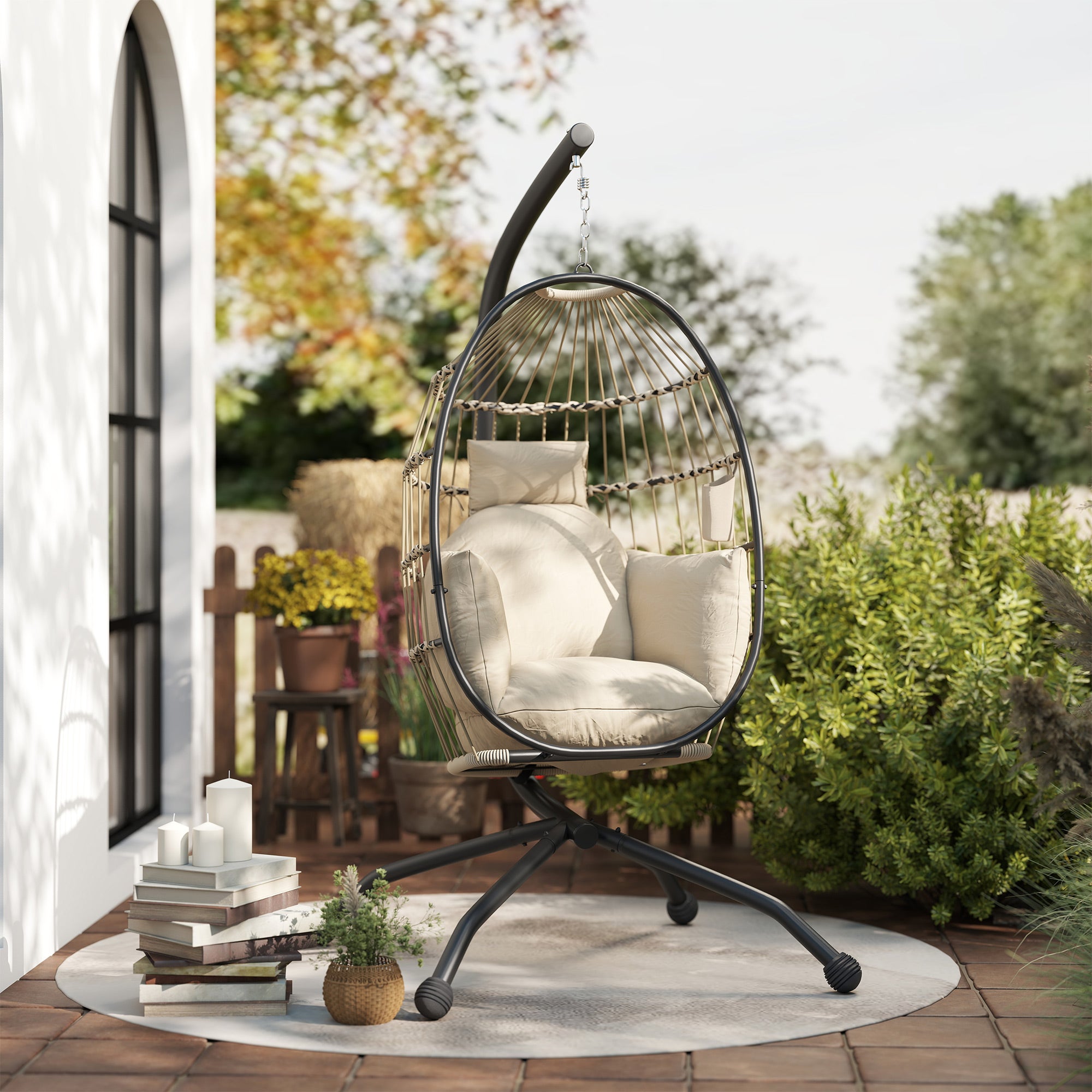 Outsunny Hanging Egg Chair Outdoor Indoor Garden Swing Chair with Folding Basket and Thickened Cushion, Garden Hanging Chair with Stand, Headrest, Cup Holder for Patio, Balcony, Khaki - North Peak Garden Furniture
