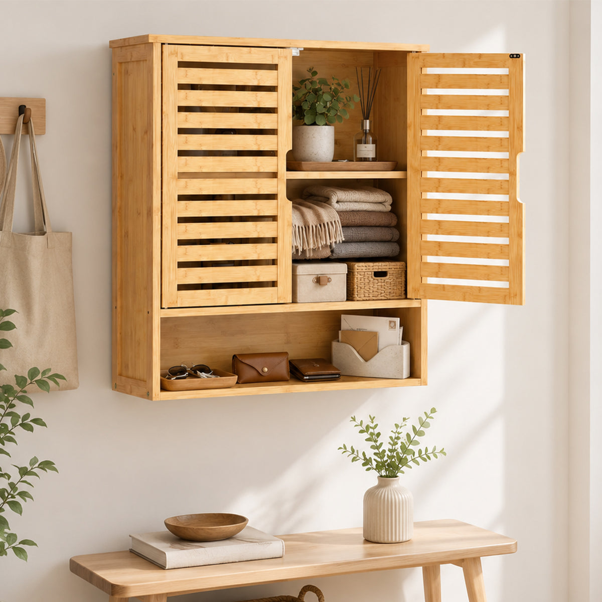 HOMCOM Bathroom Wall Cabinet, Wall Mounted Bathroom Cabinet with 2 Louvered Doors, Open Shelf and Adjustable Shelf Storage