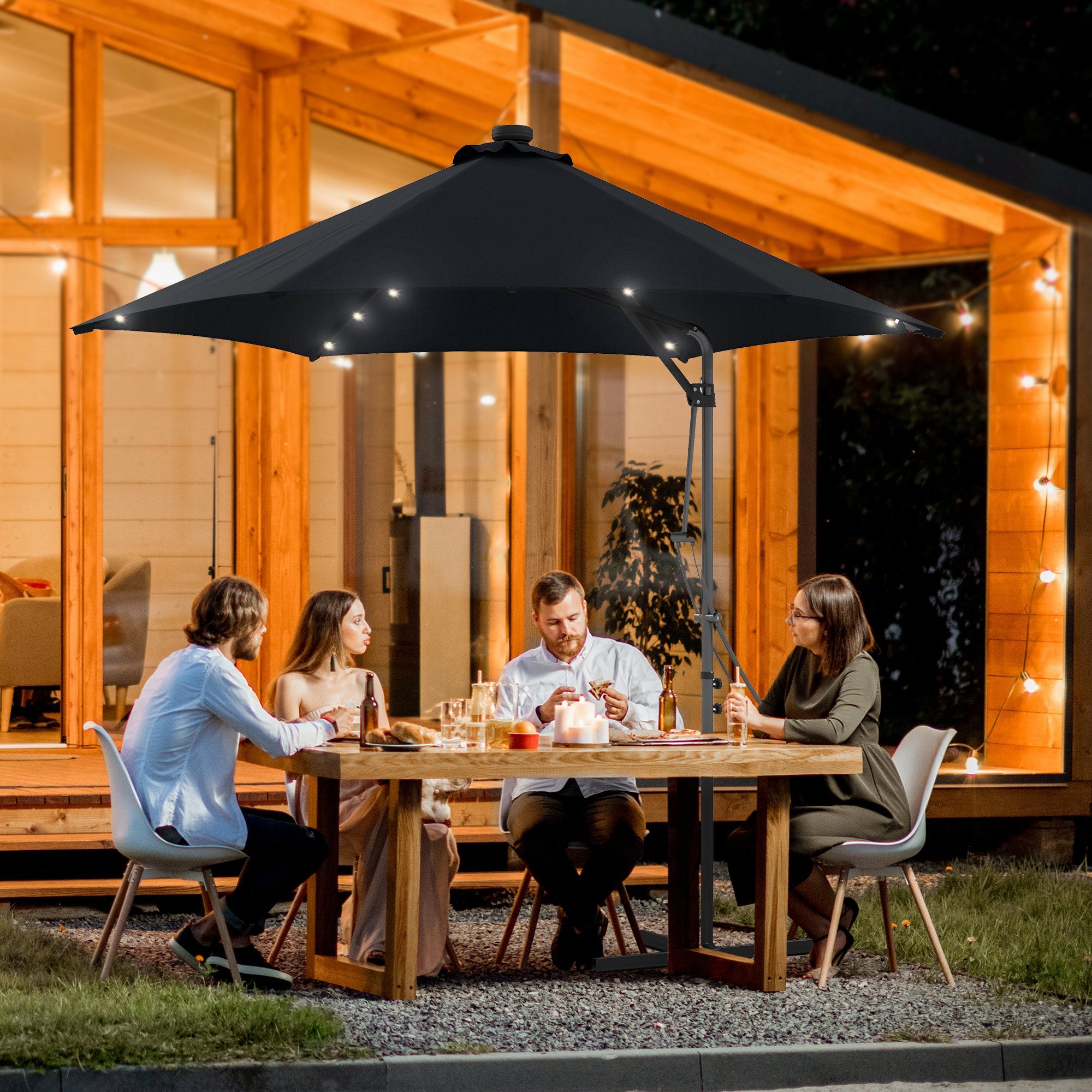 Outsunny 3(m) Garden Parasol Cantilever Umbrella with Solar LED, Cross Base and Waterproof Cover, Black - North Peak Garden Furniture