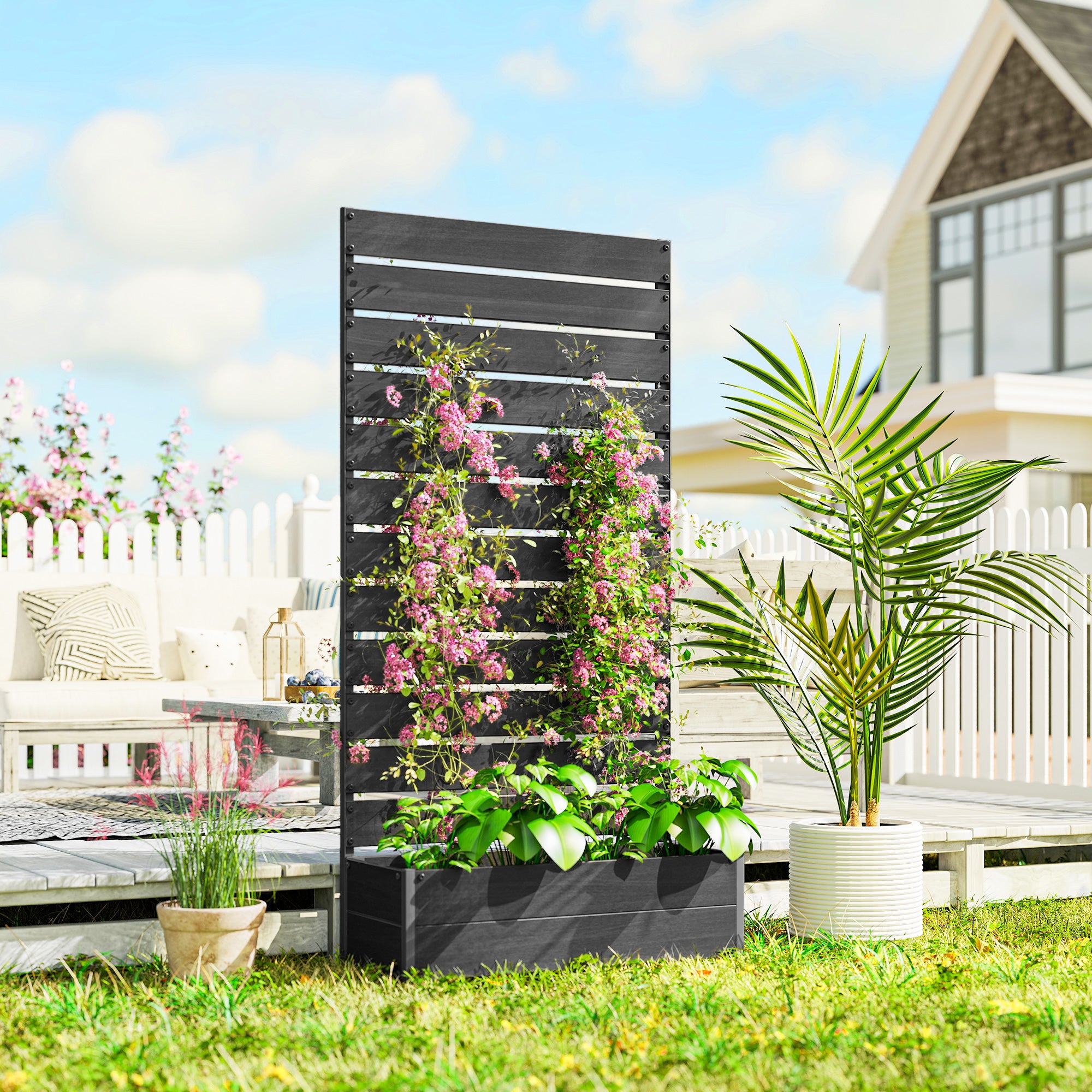 Outsunny Raised Bed for Garden, Planter with Trellis for Climbing Plants, Vines, Planter Box with Drainage Gap, Black