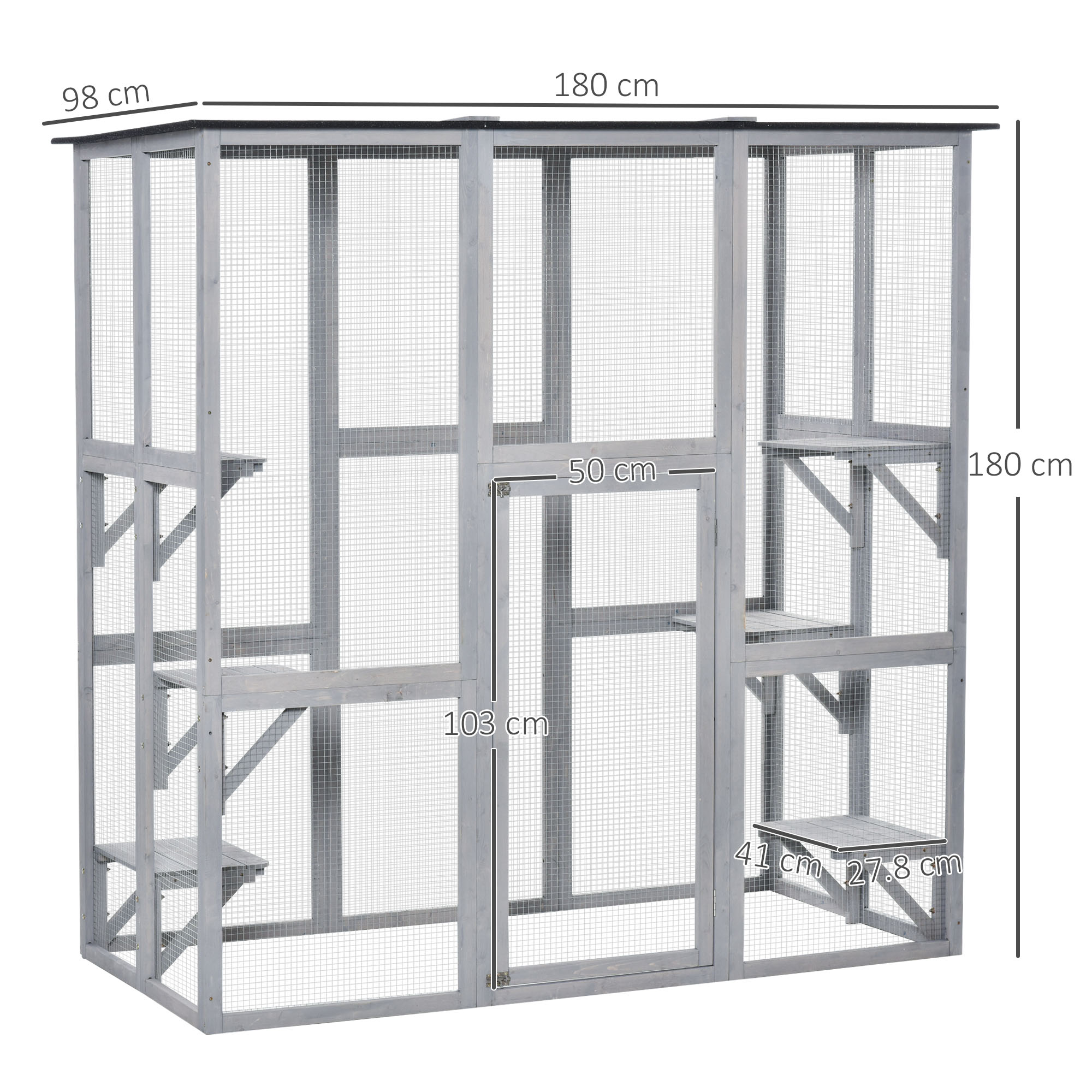 PawHut Wooden Catio Cat Outdoor Enclosure, Cat Cage with Waterproof Roof, Platforms, for Multiple Kittens, 180 x 98 x 180 cm