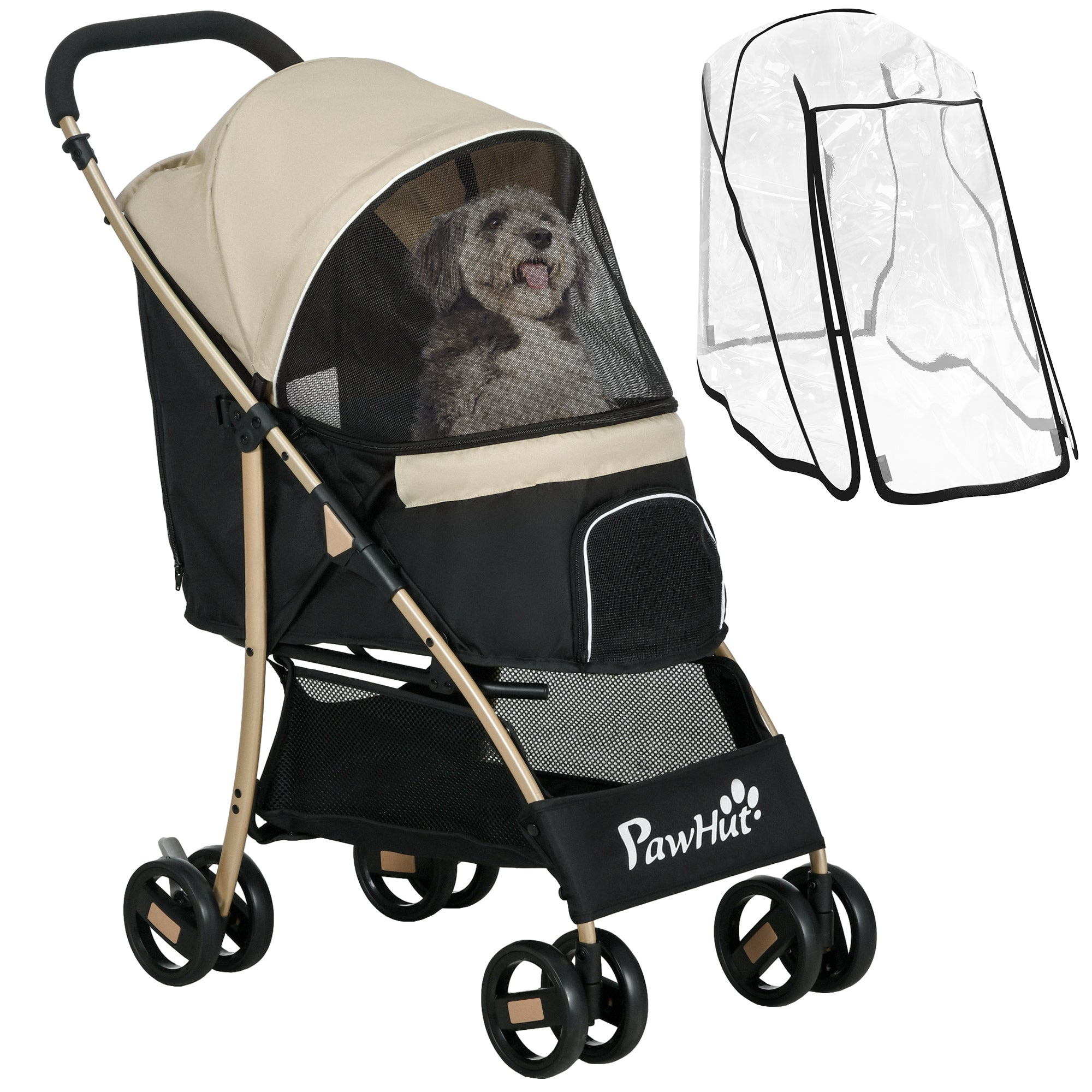 PawHut Pet Stroller for Small and Miniature Dogs, with Rain Cover - Khaki - North Peak Garden Furniture