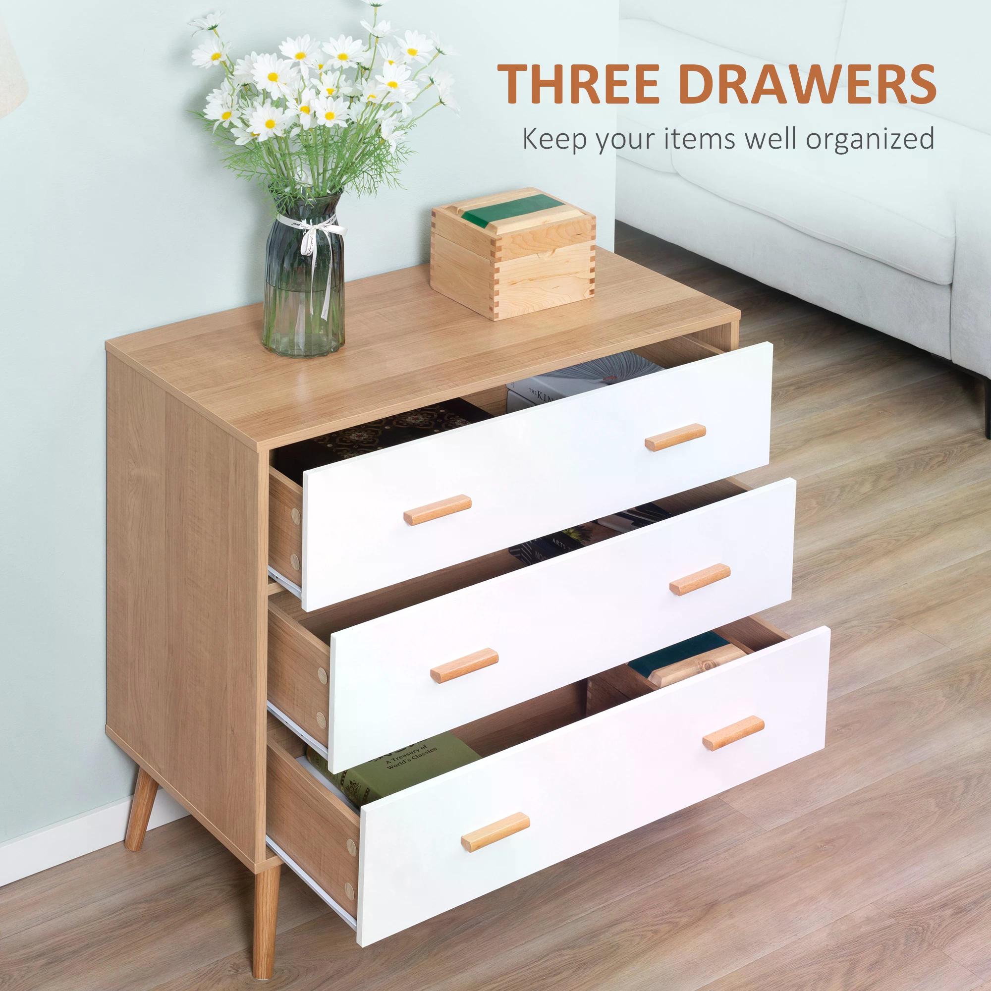 HOMCOM Modern Chest of Drawers, 3-Drawer Bedroom Storage Cabinet, White and Natural Wood Finish | Aosom UK