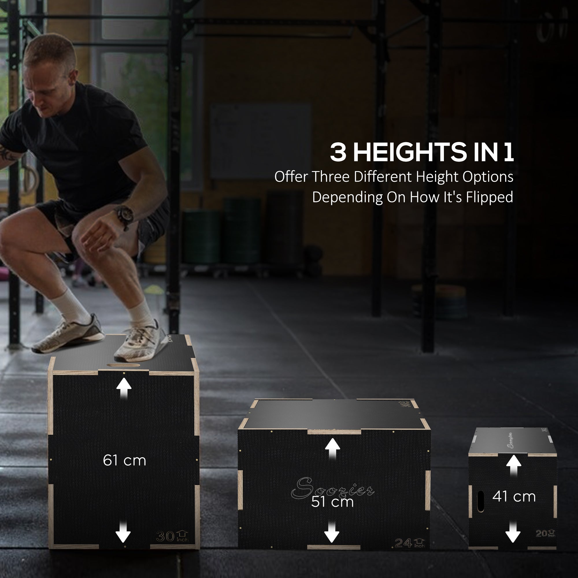 SPORTNOW Multi-Faceted Jump Box, Wooden Step Up Box, for Home, Gym, Exercise, 41/51/61cm - Black - North Peak Garden Furniture