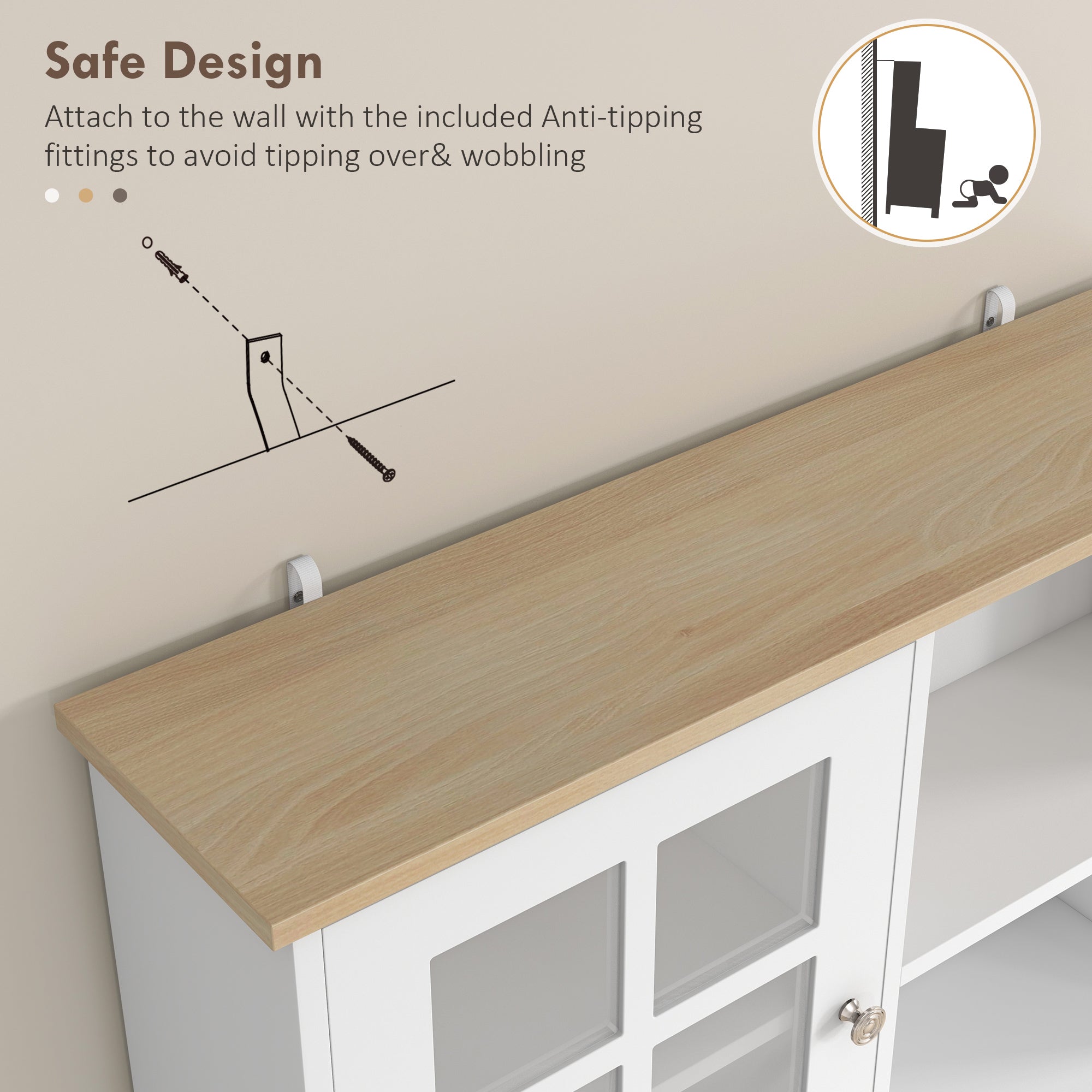 HOMCOM Freestanding Kitchen Cupboard, Storage Cabinet with Doors and Adjustable Shelves, Counter Top, Grid Glass Doors, 80L x 37W x 183H cm - White - North Peak Garden Furniture