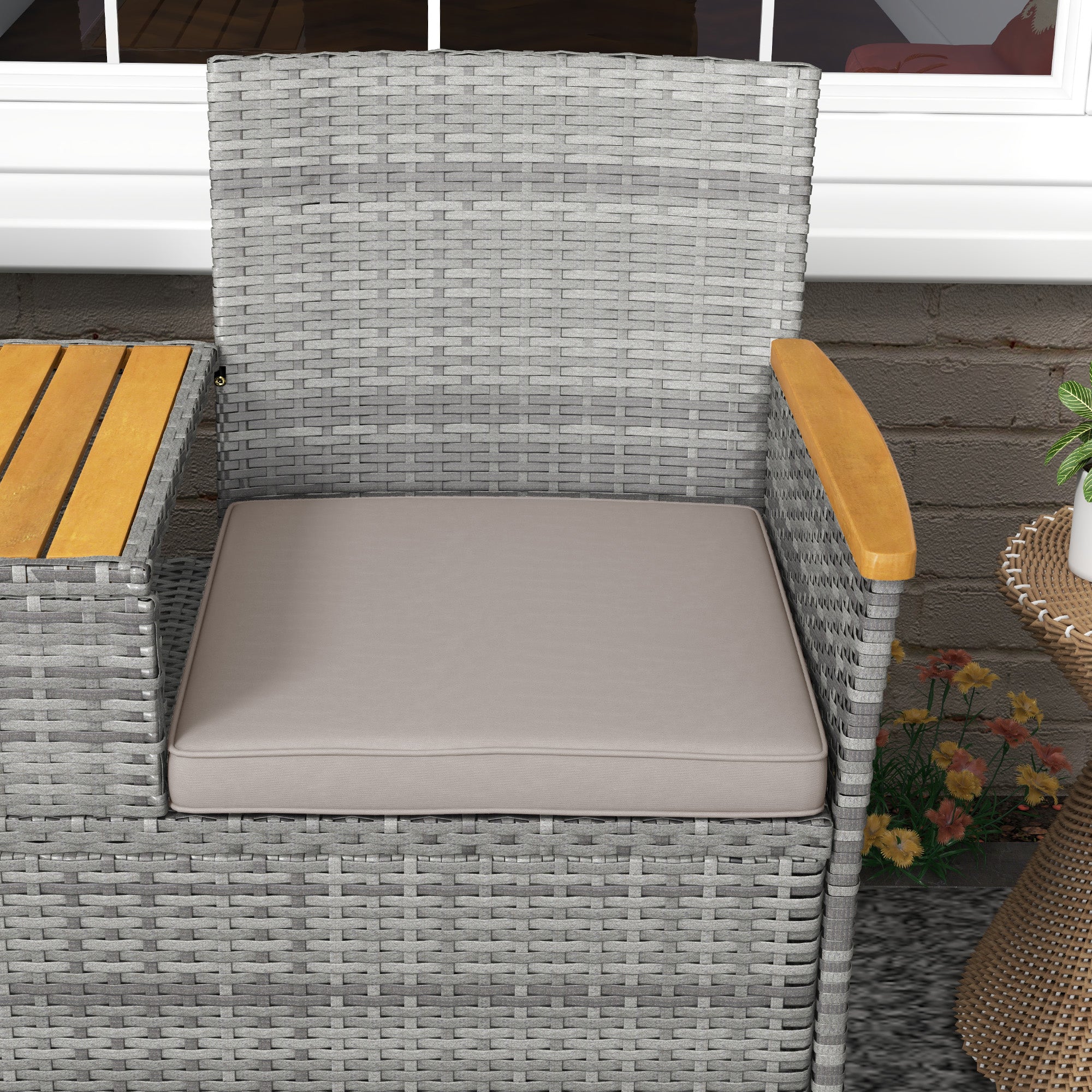 Outsunny Two-Seat Rattan Loveseat, with Wood-Top Middle Table - Grey - North Peak Garden Furniture