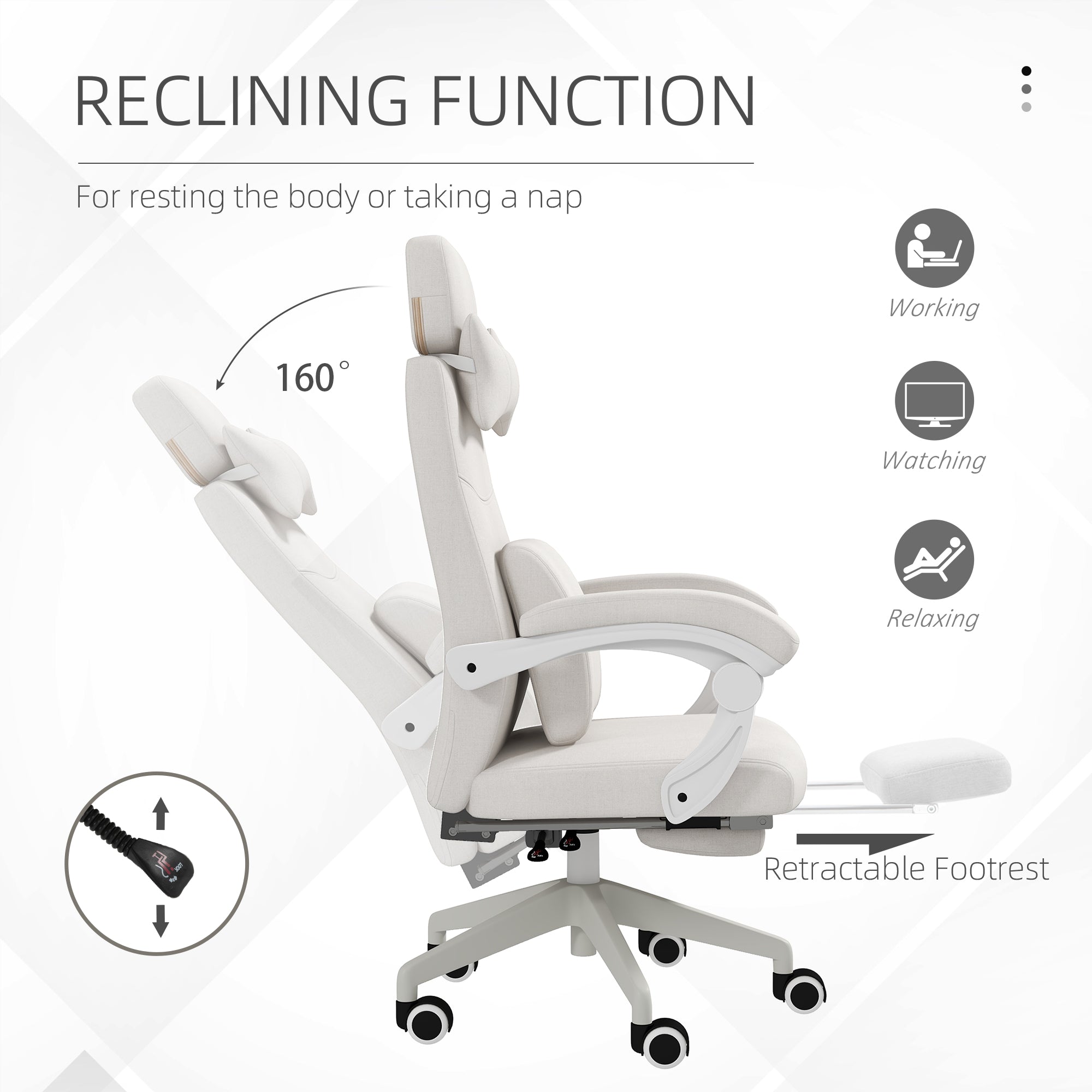 Vinsetto Linen-Look Office Chair, with 160° Reclining Back and Footrest - White - North Peak Garden Furniture