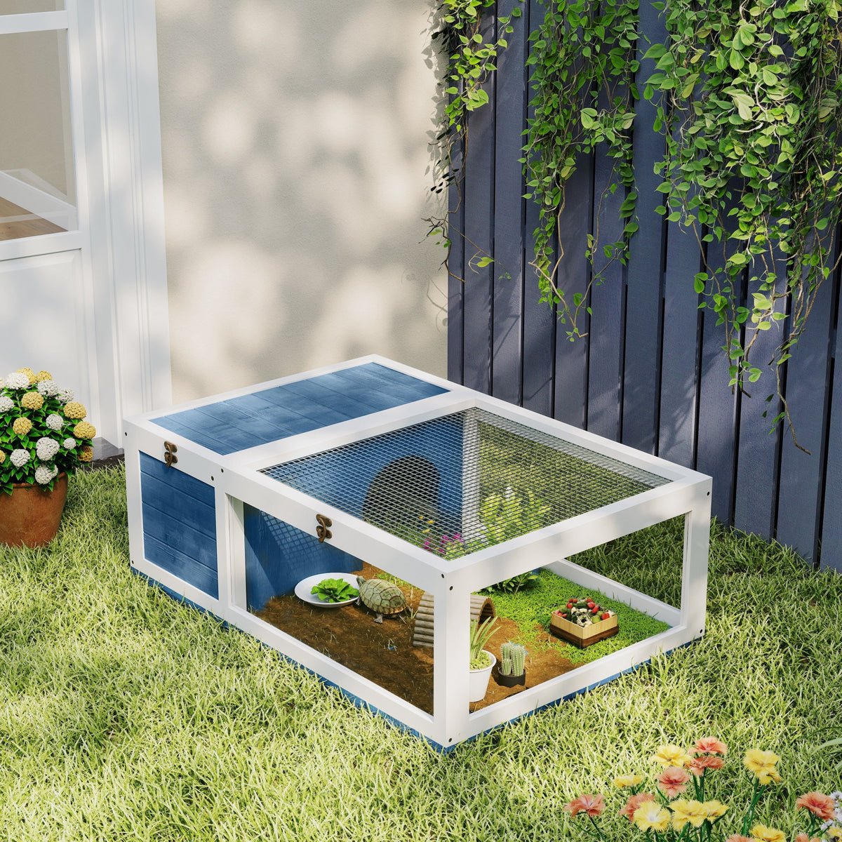 PawHut Tortoise House, Small Reptile Wooden House, with Mesh Roofs, Side Panels, for Turtles, Lizards, Geckos and Snakes