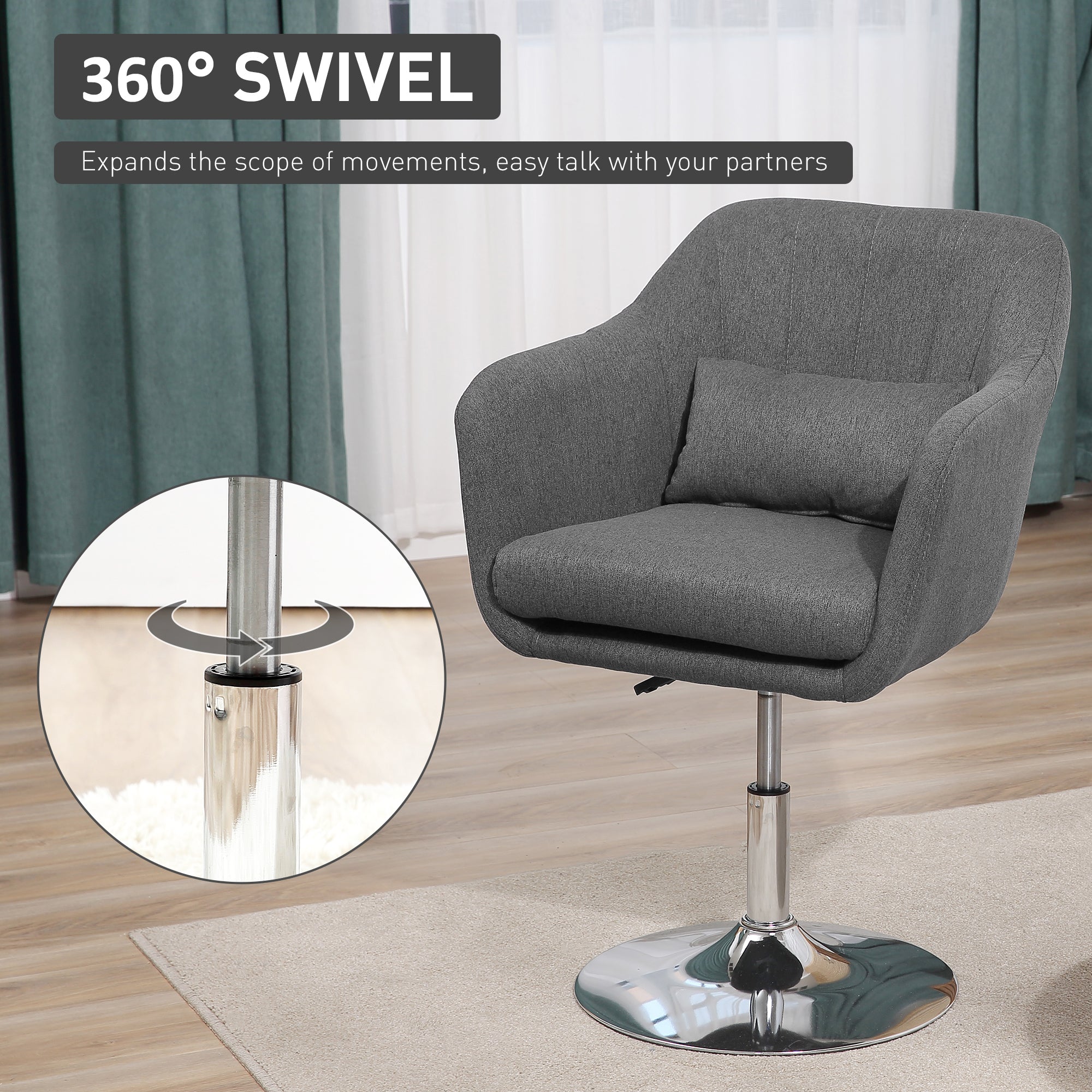 HOMCOM Swivel Linen Fabric Accent Chair for Living Room Contemporary Vanity Armchair with Adjustable Height Thick Cushion Lumbar Support Armrest for Bedroom Office Dark Grey - North Peak Garden Furniture