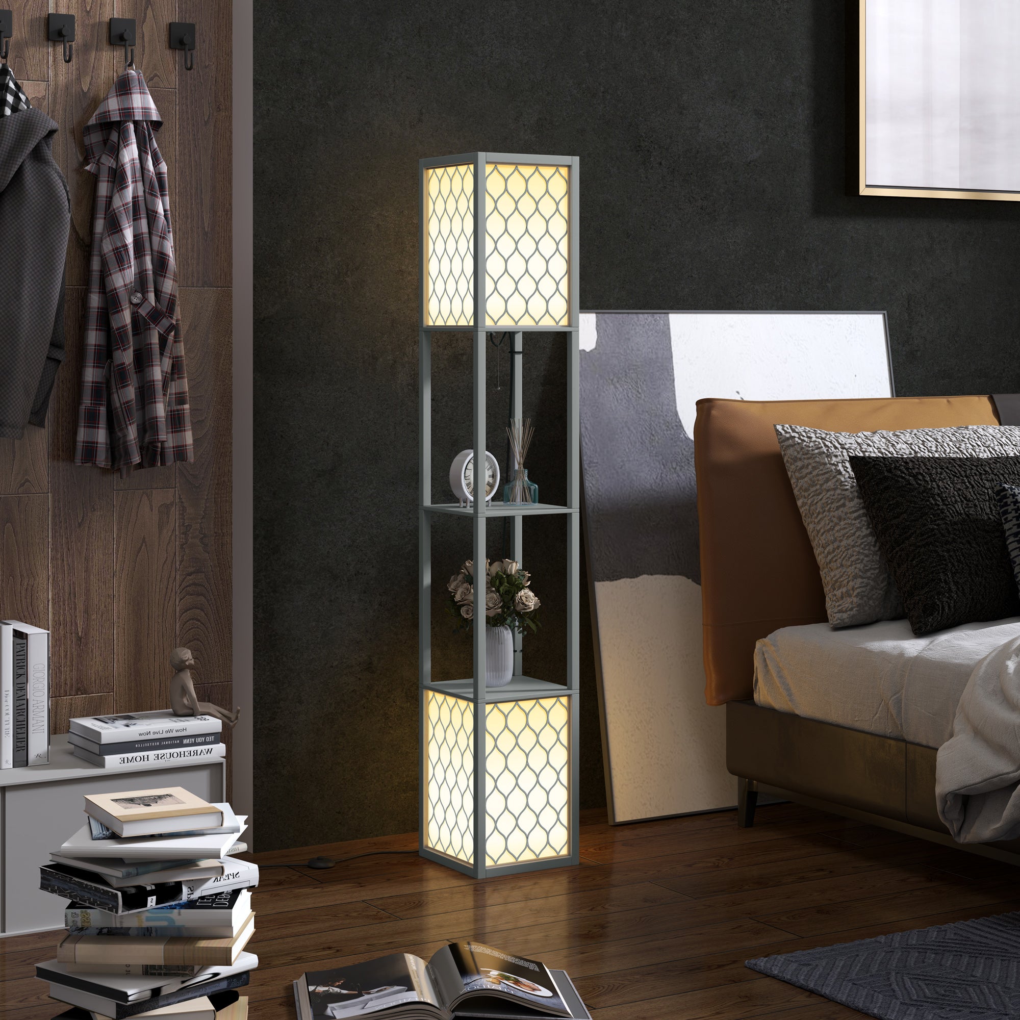 HOMCOM Floor Lamp with Shelves, Dual Light, Modern Tall Standing Lamps, with Pull Chain Switch (Bulb not Included), Light Grey - North Peak Garden Furniture