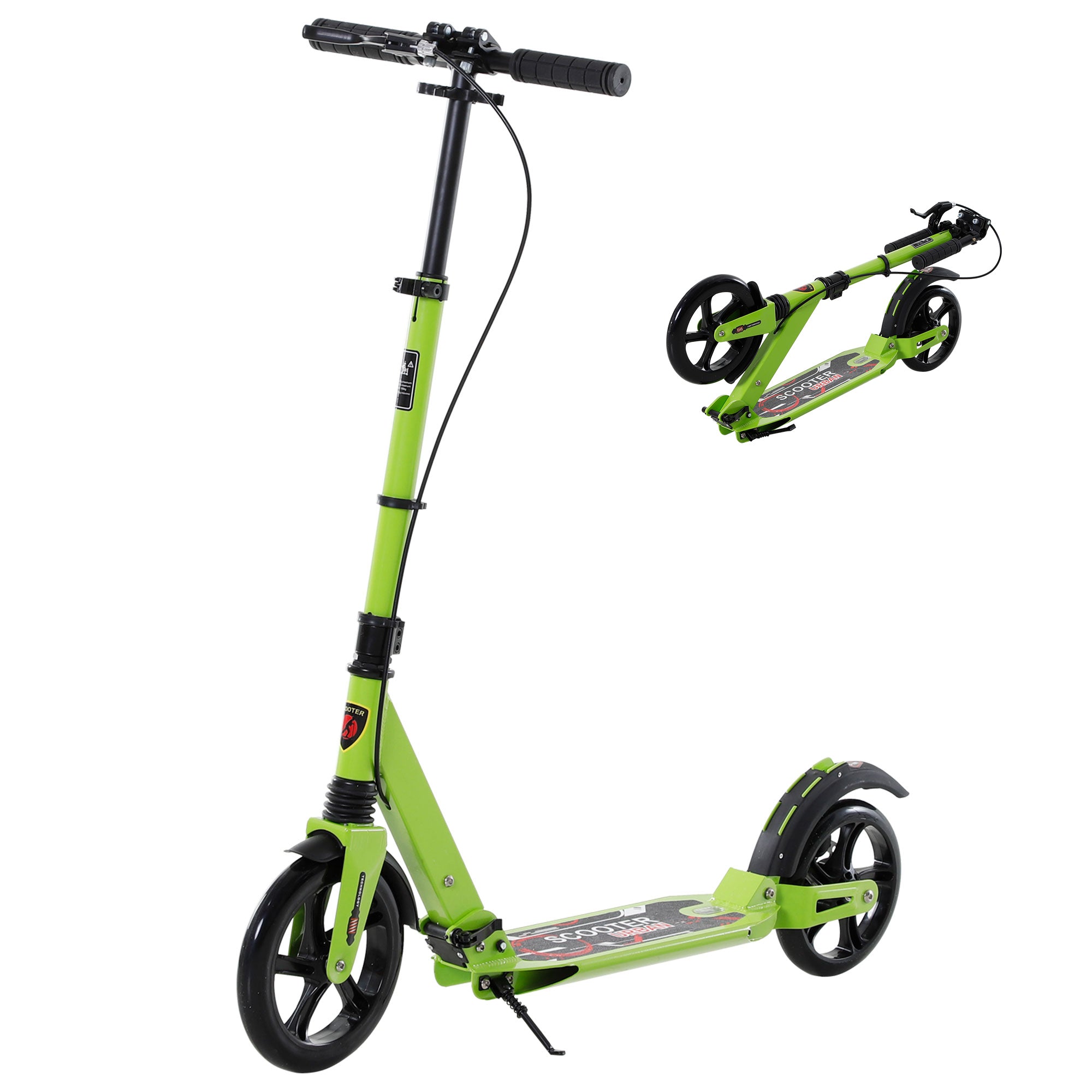 HOMCOM Kick Scooter, Folding 2 Wheel Scooter for 14+ Teens Adults, with Dual Brake System, Dual Suspension, 230mm Big Wheels, 3 Adjustable Handlebar, up to 100KG, Green