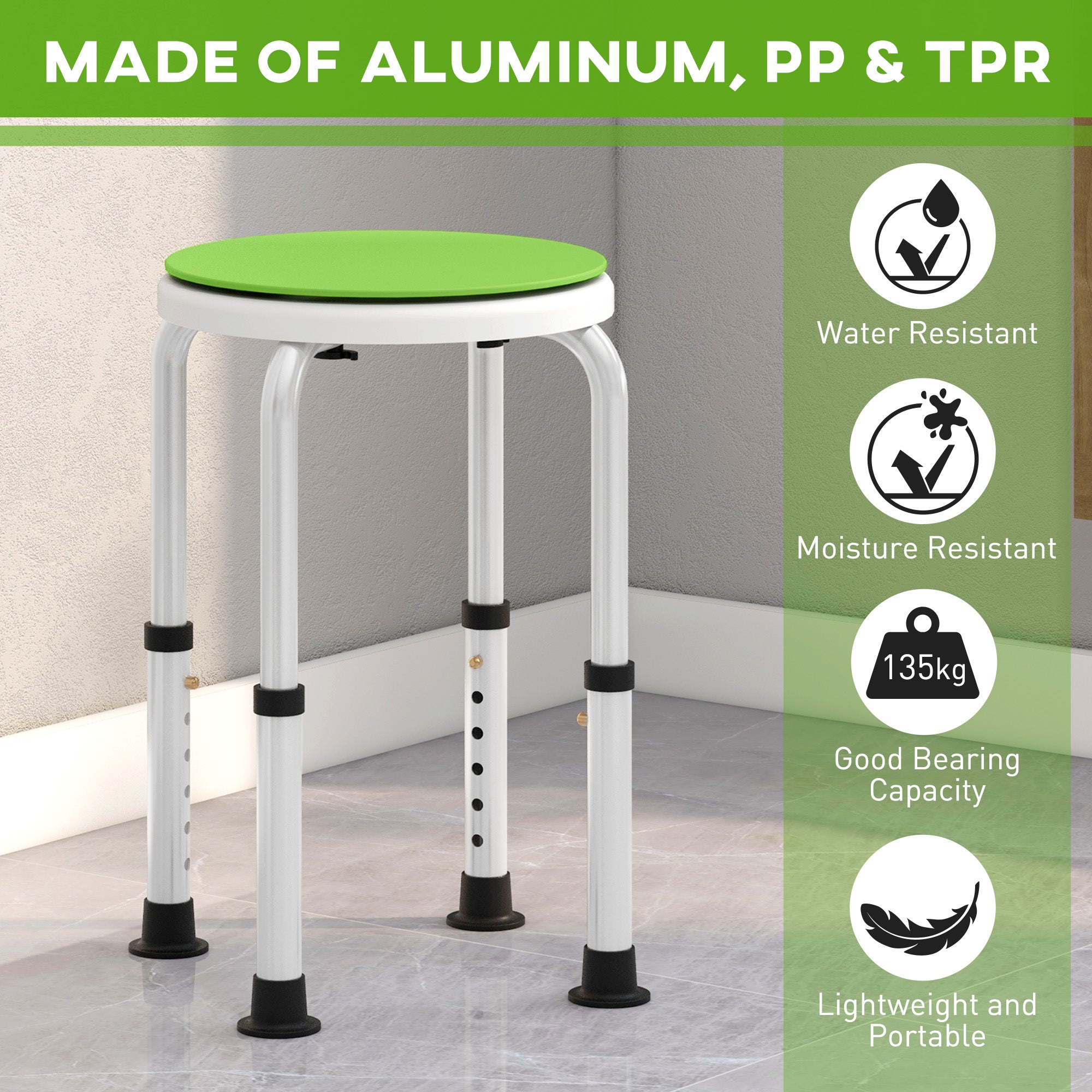 HOMCOM 360° Swivel Shower Chair, Height Adjustable Aluminium Shower Stool with Non-Slip Feet for Disabled, Elderly, Green - North Peak Garden Furniture