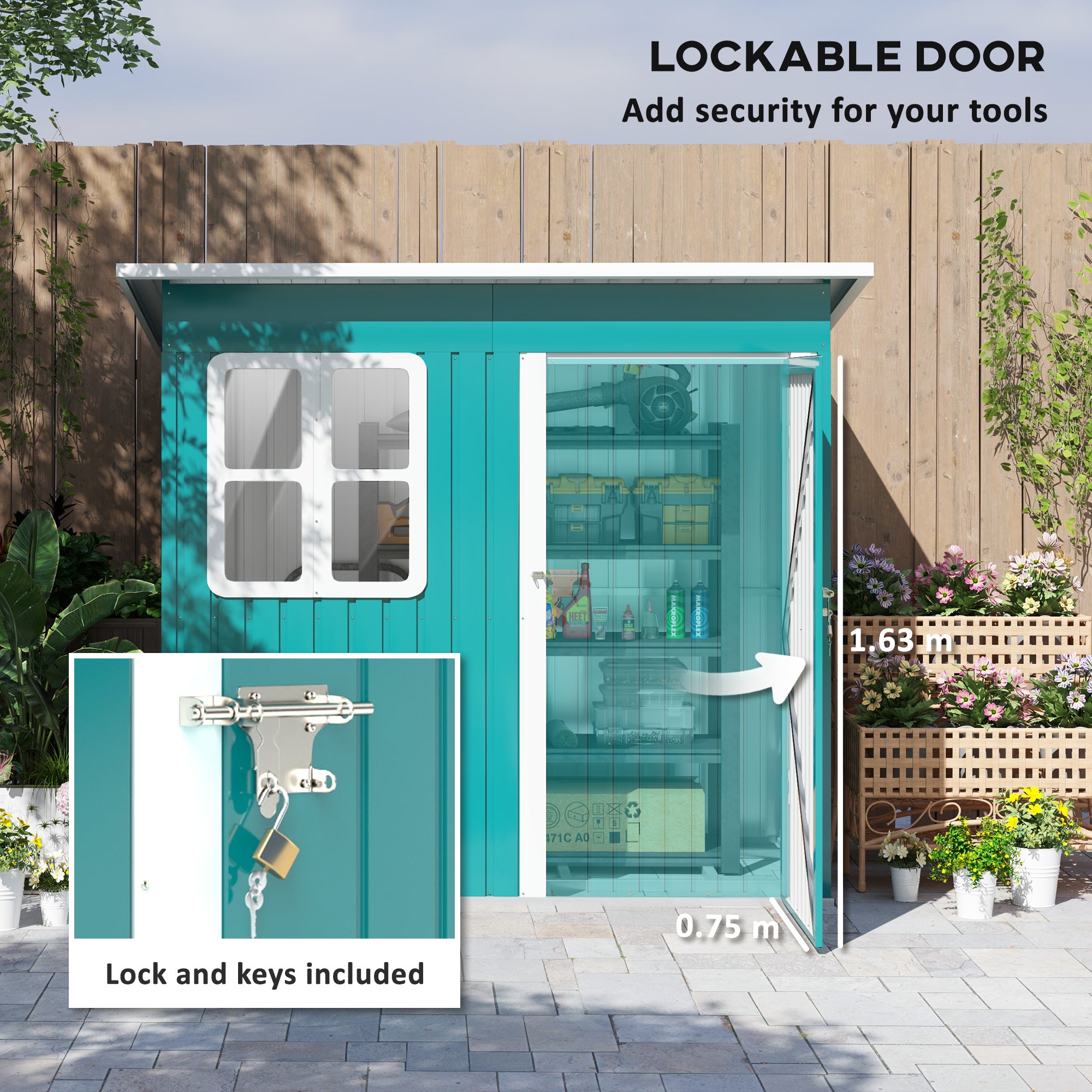 Outsunny 7 x 4ft Galvanised Steel Garden Shed, with Lock and Gloves - Green - North Peak Garden Furniture