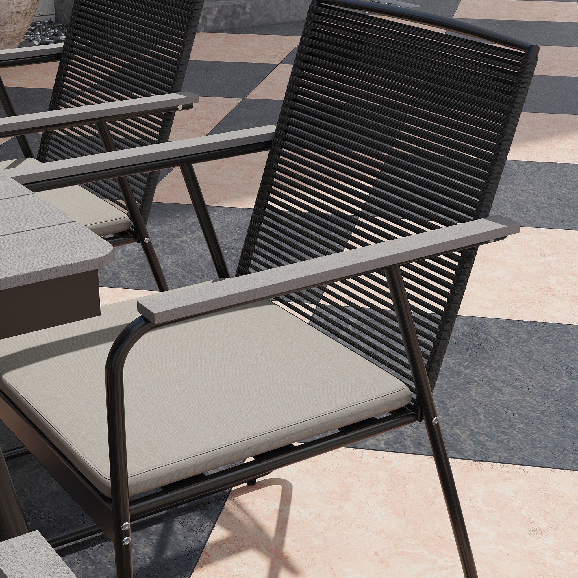 Outsunny 6 Seater Garden Dining Set with Soft Cushions, Rattan Backrest, Rectangular Plastic Top, Garden Furniture Set, Outdoor Dining Table and Chairs for Patio, Balcony, Poolside, Grey - North Peak Garden Furniture