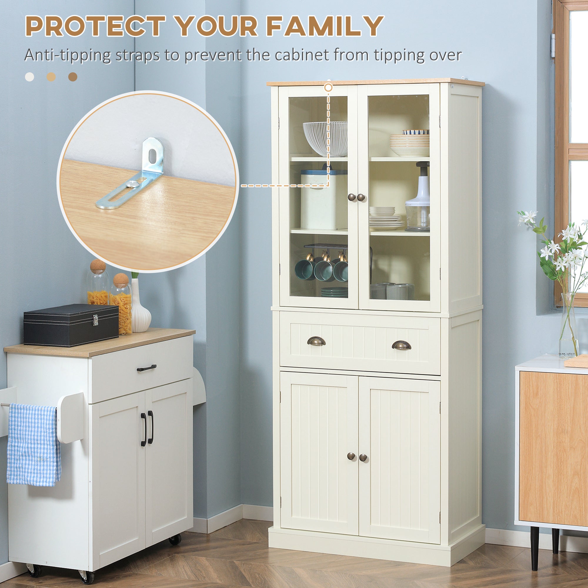 HOMCOM Freestanding Kitchen Cupboard, 5-tier Storage Cabinet with Adjustable Shelves and Drawer for Living Room, Dining Room, Cream White - North Peak Garden Furniture
