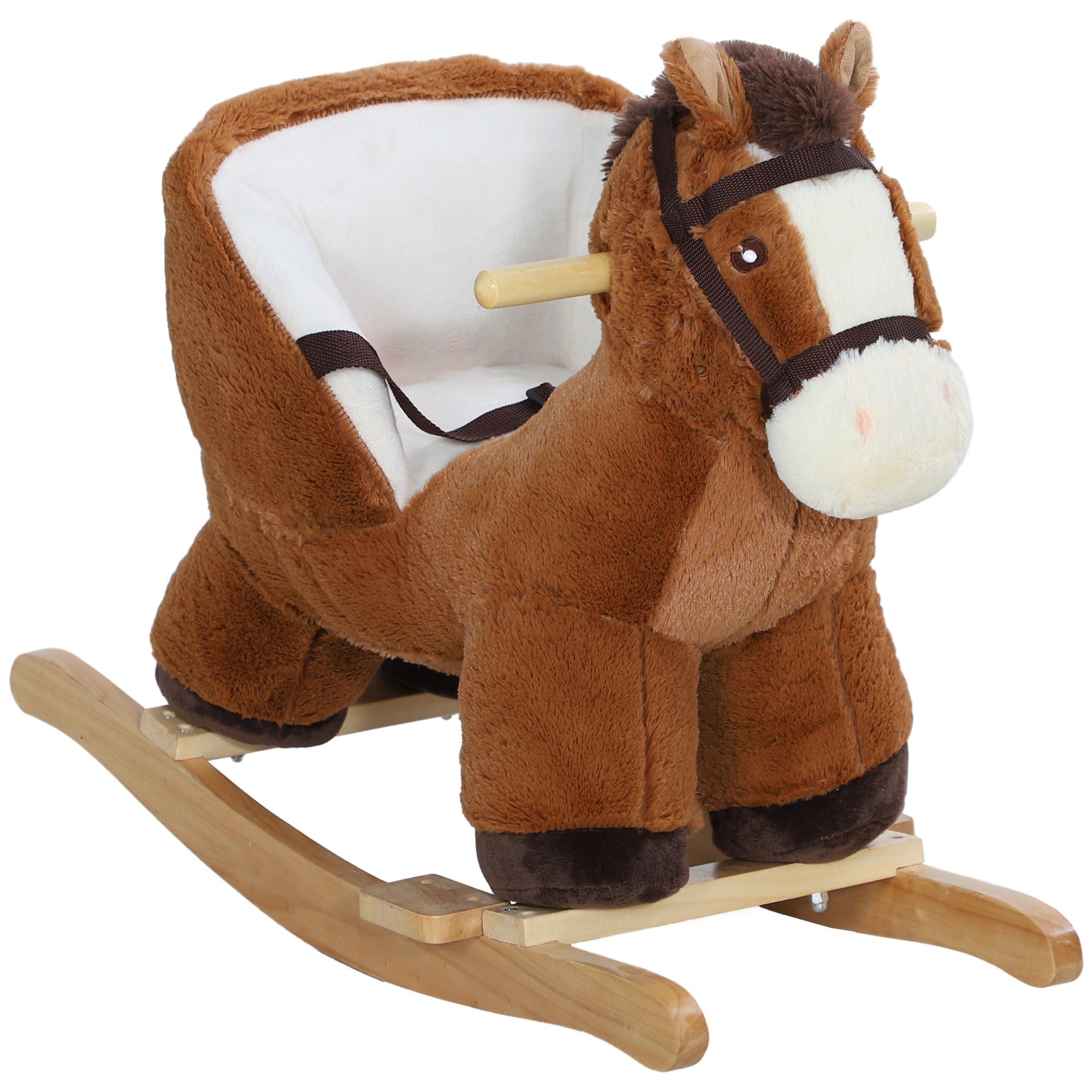 AIYAPLAY Kids Rocking Horse, Plush Ride on Horse, with Sound, Wood Base, for Ages 18-36 Months, Brown - North Peak Garden Furniture