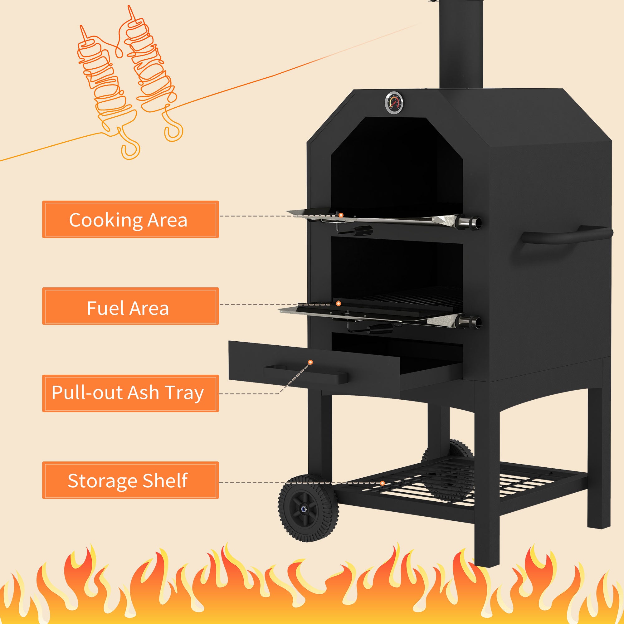 Outsunny Steel 3-Tier Outdoor Pizza Oven Charcoal BBQ Grill, Black - North Peak Garden Furniture