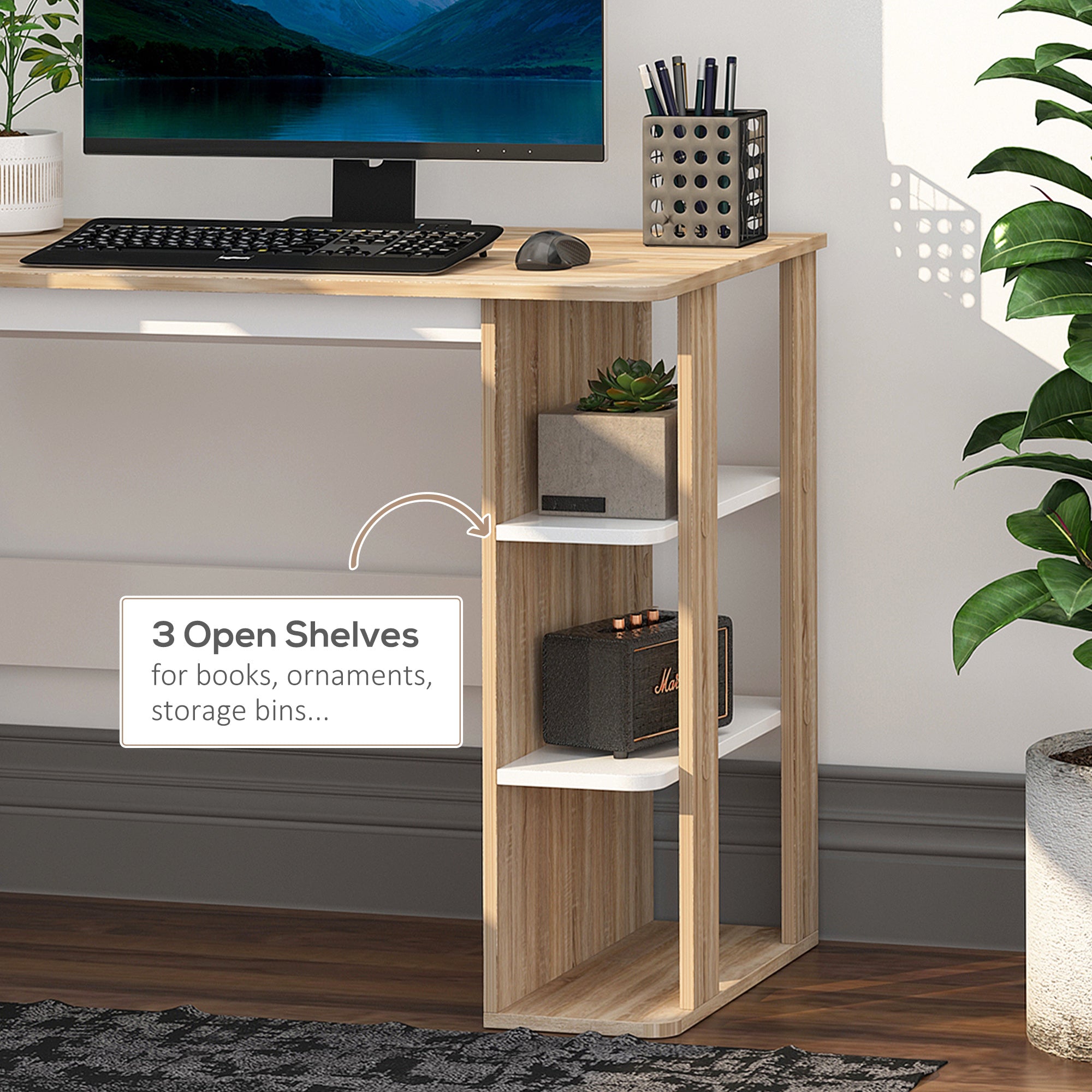HOMCOM Computer Desk, Writing Desk with 3-Tier Storage Shelf, Work Table for Home Office, Study, Living Room, Oak and White - North Peak Garden Furniture