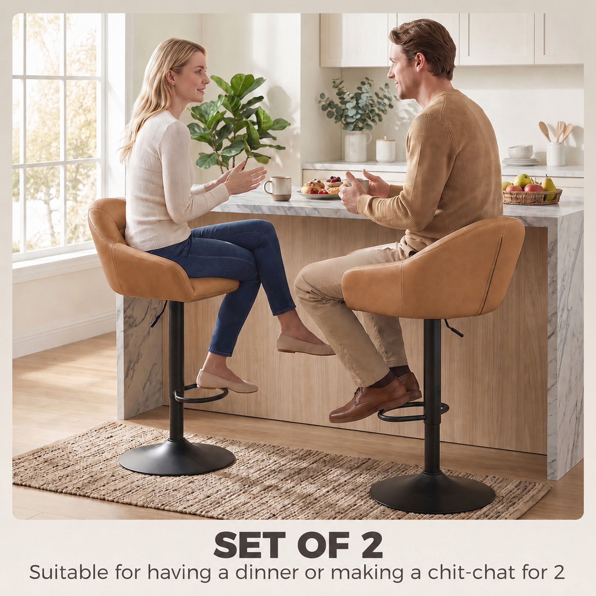 HOMCOM Bar Stools Adjustable Heights Breakfast Bar Stools Backrest Armrests Set of 2, Brown