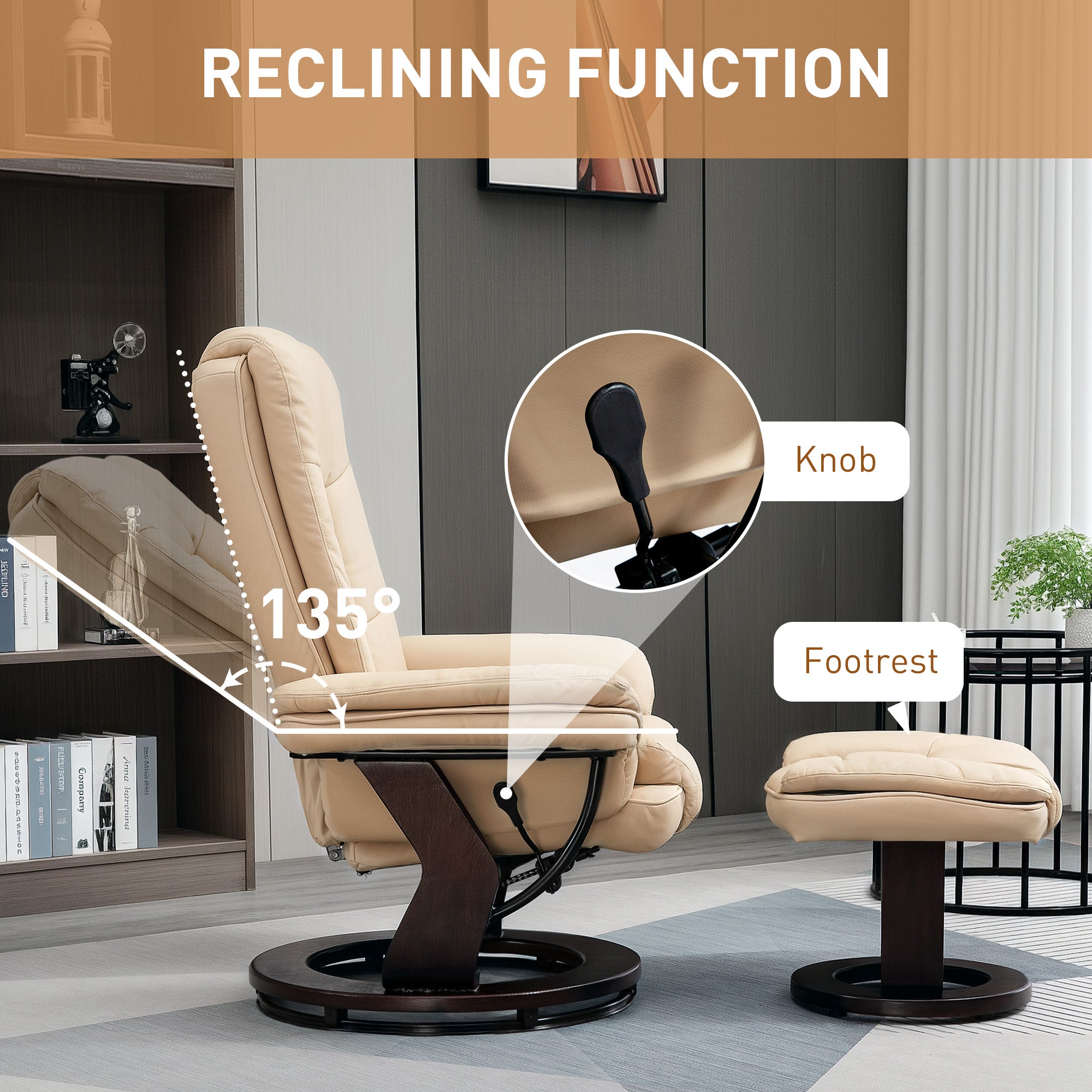 HOMCOM Faux Leather Extra-Padded Reclining Chair & Footstool Beige - North Peak Garden Furniture