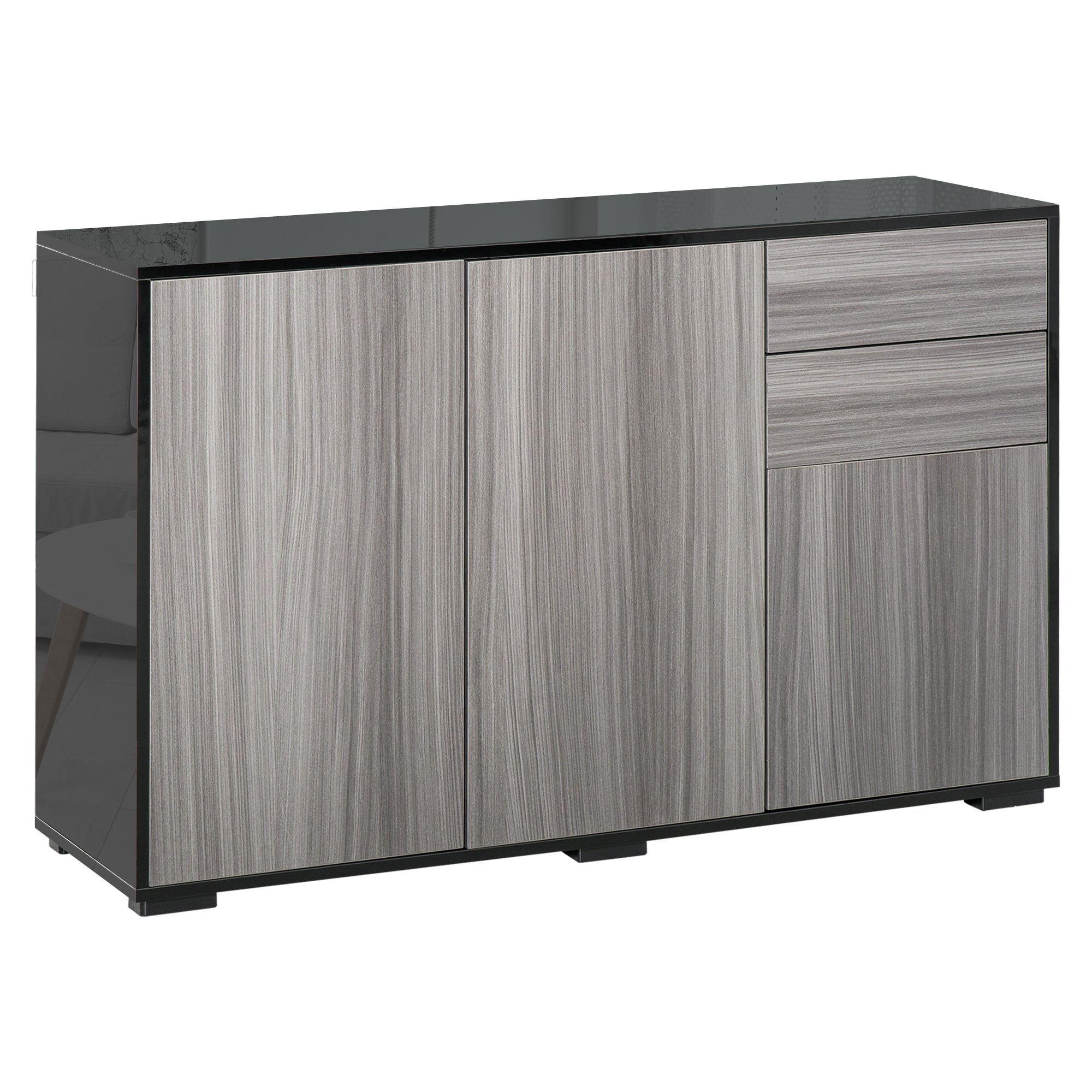 HOMCOM Sideboard High Gloss, 2 Drawer Push-Open Cabinet for Living Room, Bedroom, Light Grey and Black